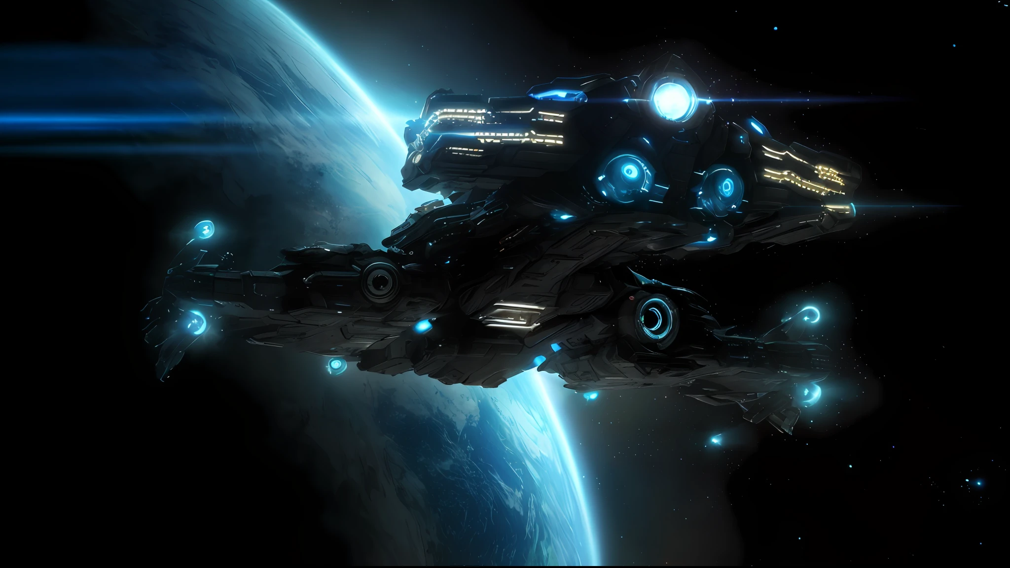 spaceship flying over a planet with a blue star in the background, star citizen halo, star citizen digital art, the fourth race of starcraft 2, dreadnought, star citizen concept art, sci - fi spaceship in combat, scifi spaceship, sci-fi space game art, an epic space ship scene, star citizen, cinematic scifi shot, from starcraft
