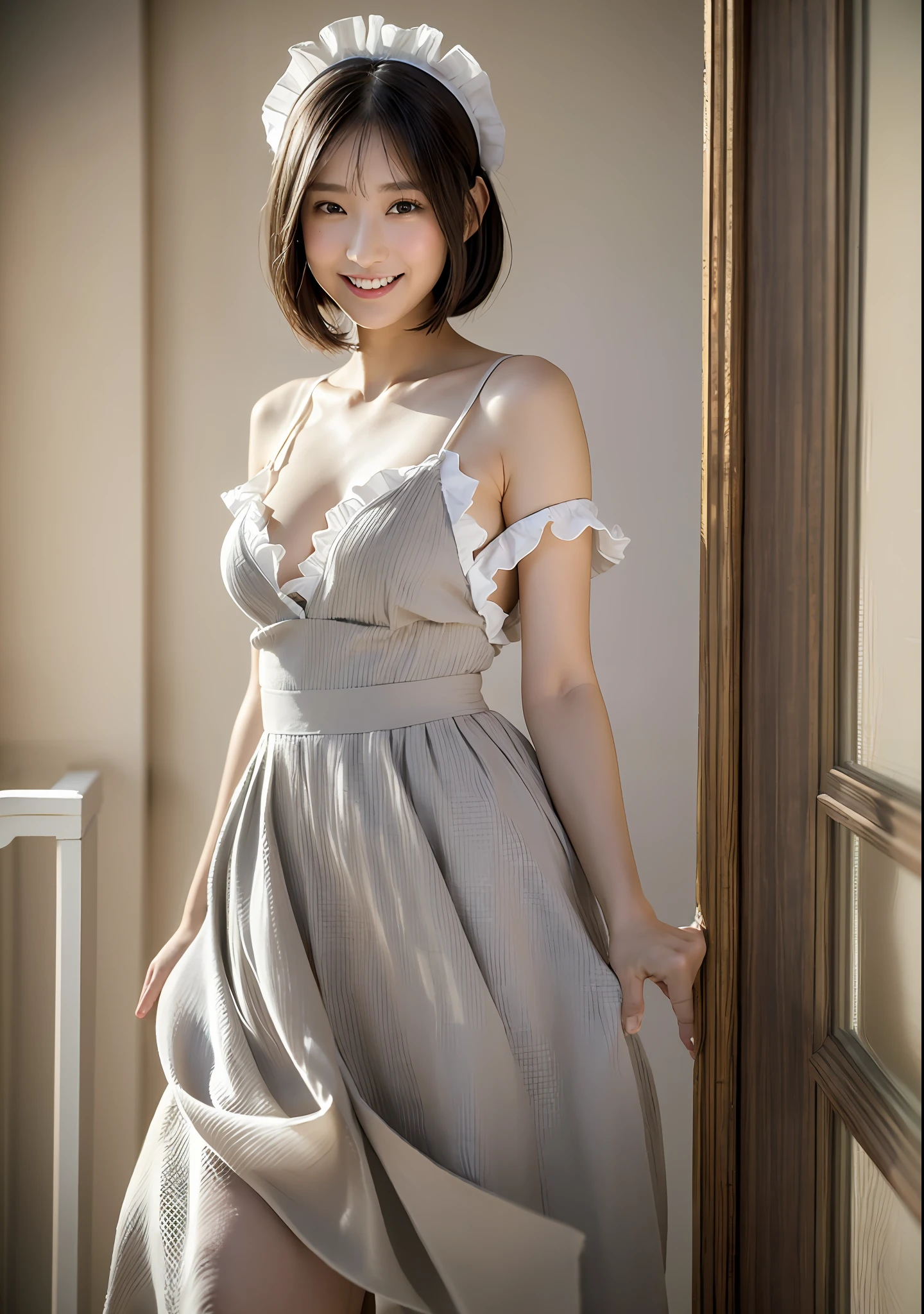 ((top quality, 8k, masterpiece: 1.3)), women (maid, full body portrait, standing facing straight ahead, smiling, wearing light gray maid clothes, ruffled headbands, big breasts), indoors, white wall room, white antique furniture, overhead camera, sharp focus: 1.2, cute women: 1.4, ((black hair, bob cut, shiny hair)), Highly detailed face and skin and hair texture, detailed eyes, double eyelids, white skin, beautiful legs, beautiful delicate nose, cute young Japan woman, dynamic angles, featuring a contrasting mix of calm tones and light and shadow, while exuding happy emotions, while emphasizing the subject's hair, eyes, mouth and action, it is a pleasing and suggestive composition to the eye.