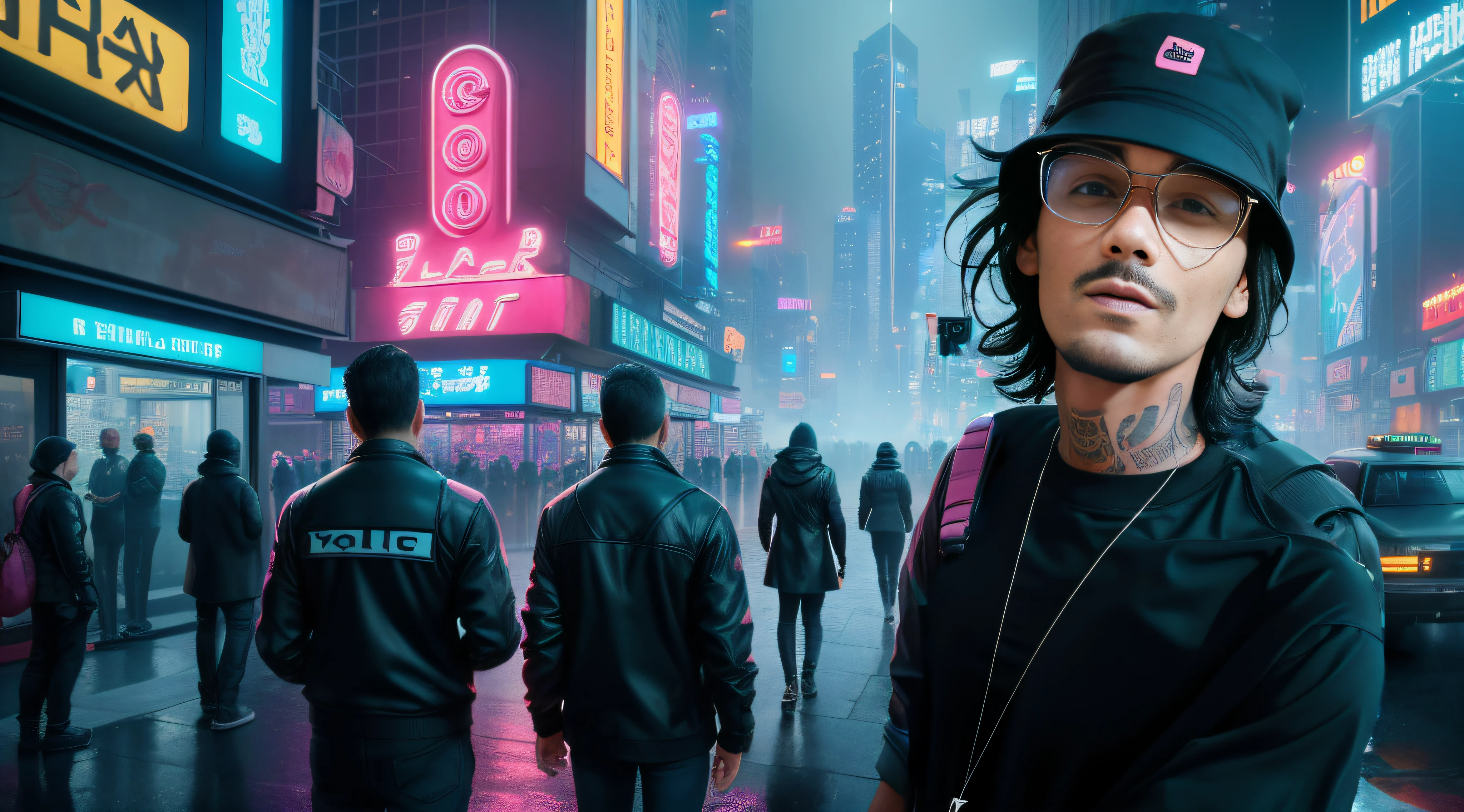 8k, RAW photo, best quality, masterpiece: 1.2), (realistic, photorealistic: 1.37), (soil:1.2), (side:1.2),(sad:1.4), (panorama,perspective:1.4), (landscape, outdoor, cityscape, night, midnight, roof, cyberpunk, asphalt, rain, graffiti art, reflection, shop, kiosk, sidewalk, avenue, police, taxi, bank: 1.2), (skyscraper, fog: 1.4), (pedestrian, crowd, people: 1.3), (neon sign, neon blue, pink neon,  neon yellow: 1.4), sci-fi, cinematic, 6d cannon, octane render, medium shot