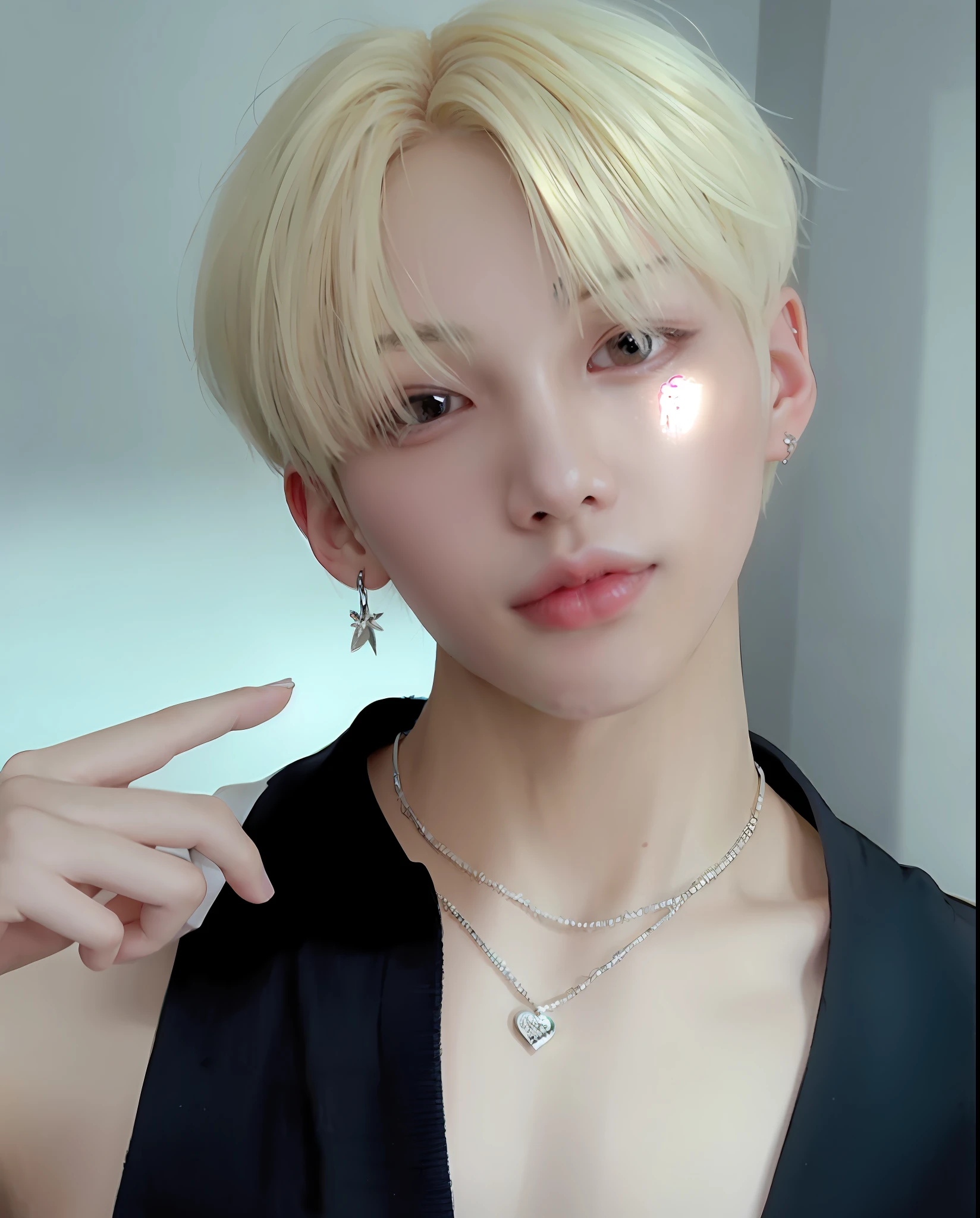 blond haired man with a finger on her lips, cai xuk wan adorable korean face, male ulzzang, black haired yoongi, delicate androgynous prince, beautiful androgynous prince, 2 b, 2b, portrait of jossi of blackpink, hong june hyung, jimin\'s plump lips, inspired by Bian Shoumin, hyung tae