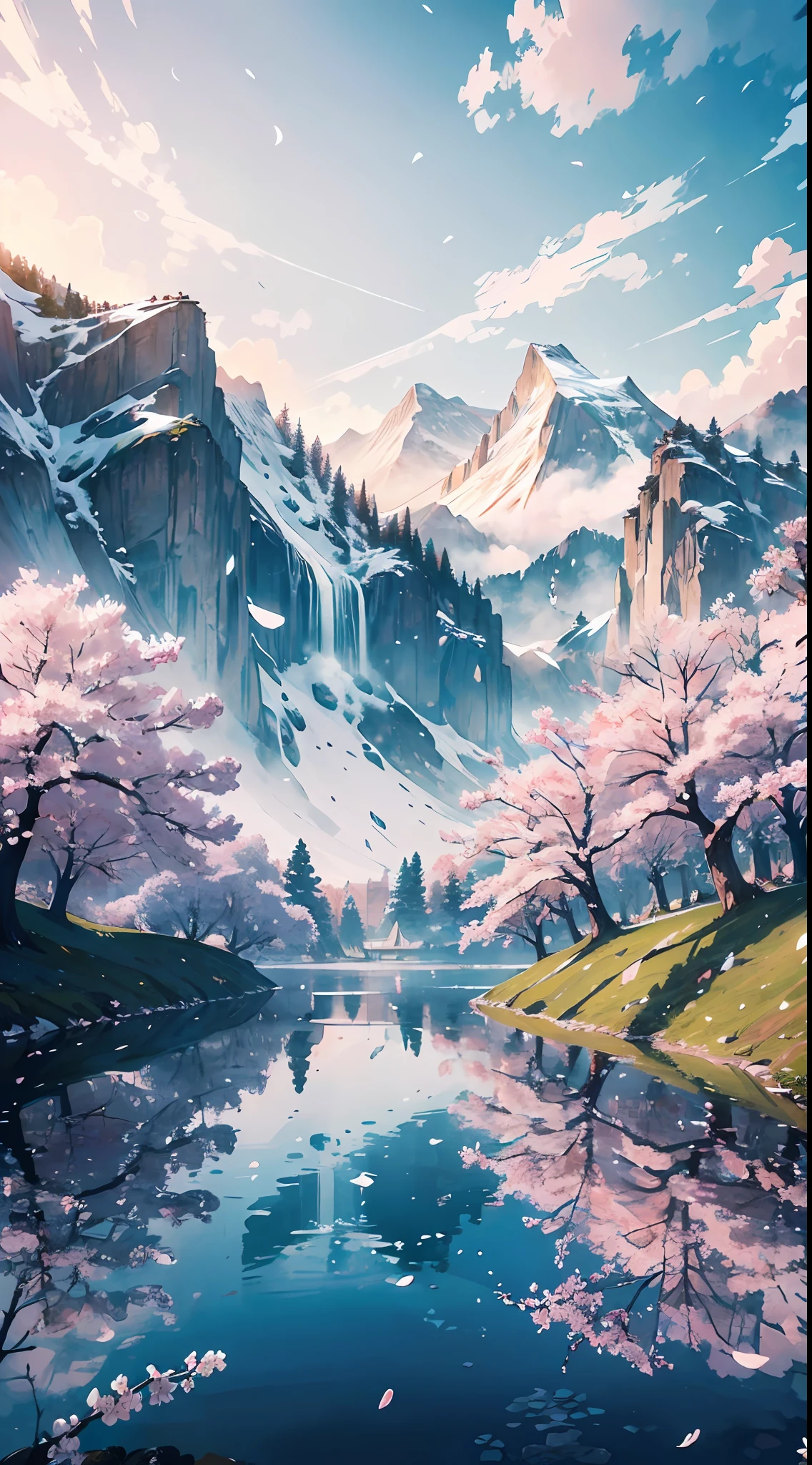 Masterpiece, high-rise building, original, very detailed 8K wallpaper, very delicate and beautiful, (nature: 1.2), (vast grassland), (cherry blossoms: 0.5), (mountain top | snow: 0.7), (lake: 0.7) (reasonable), beautiful detailed sky, masterpiece, wide angle, movie lighting, beautiful details water, no people, detailed background