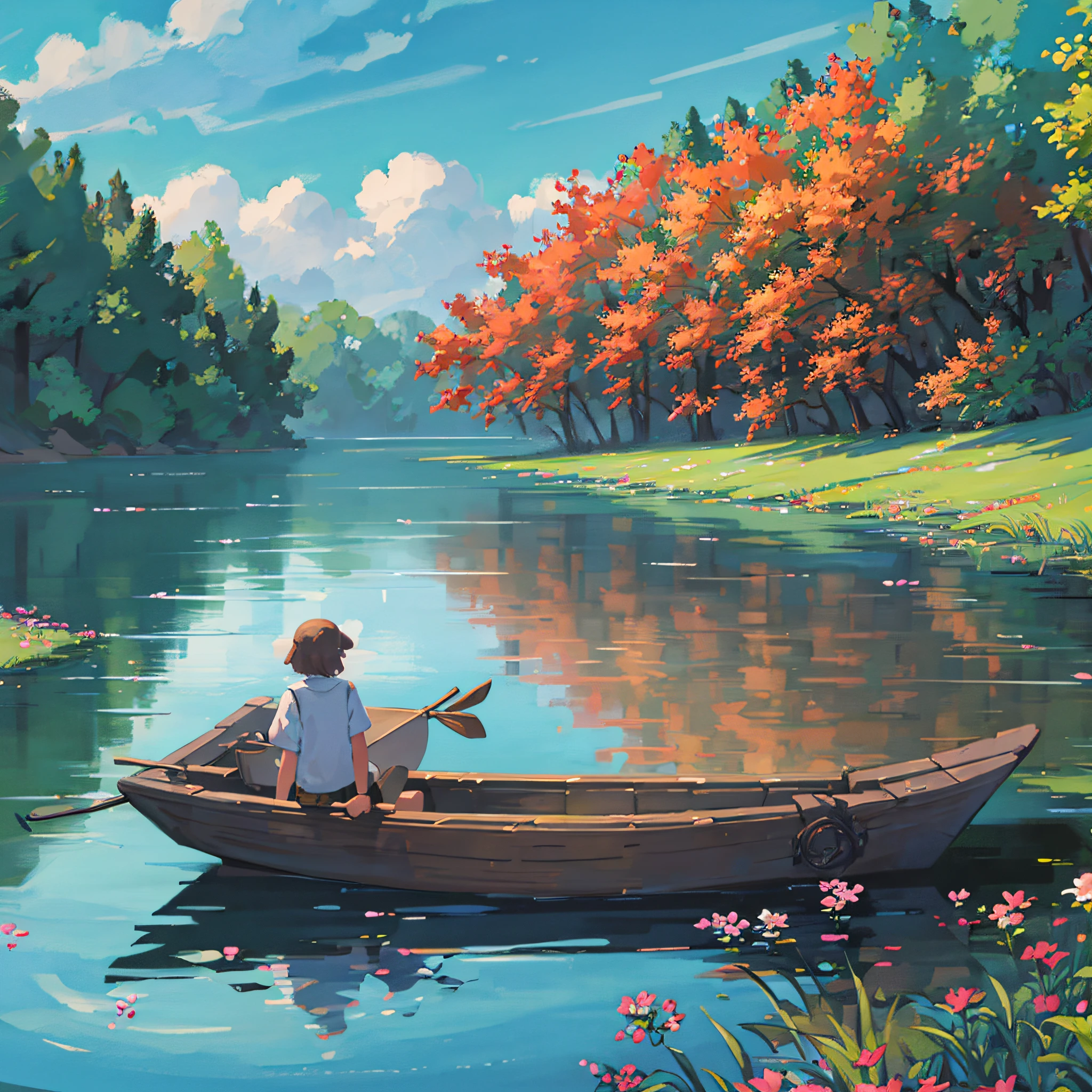 Cat rowing, simple picture, lake, flowers and small trees --auto --s2