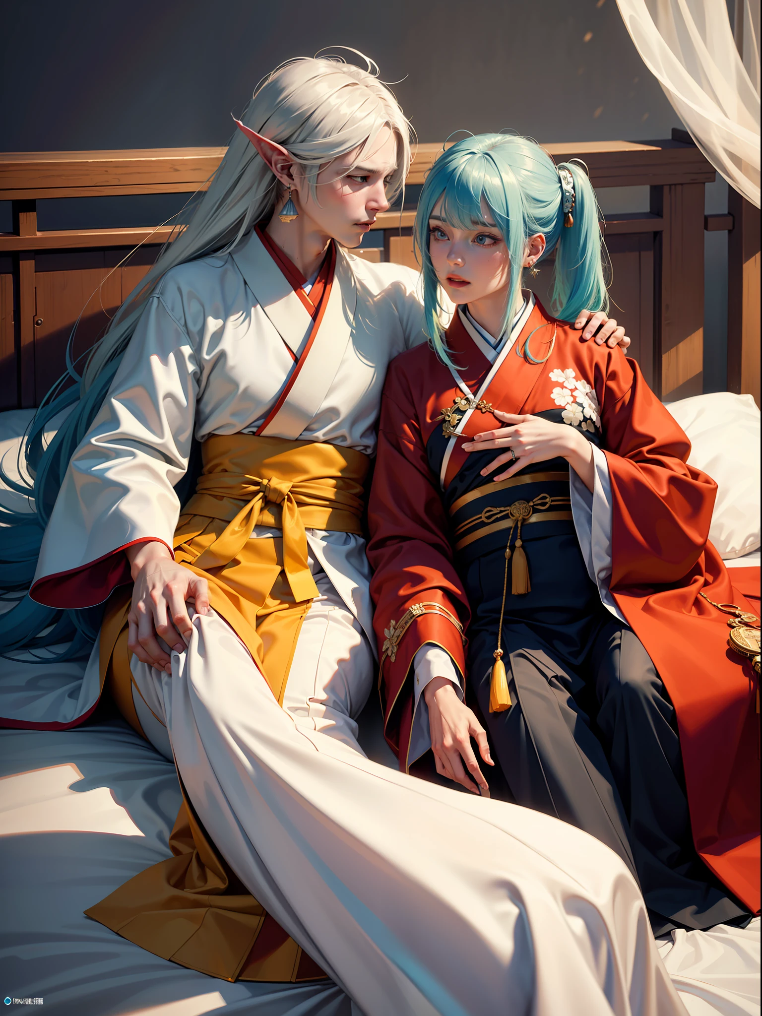 Concept Art, "1 Couple, Male Focus, Fin Ears, Multicolored Hair, Handsome Boy, Long White Hair, Tassels, Bangs, Carp, Colorful, Bold Colors, White Kimono, (Open) Kimono, Traditional Chinese Clothing, Close-up, Intimate Interaction in Bed, Stud Earrings, Rings, Sweat, Illuminate People", Colorful, Master Composition, Focus on Key Figures, Realism, Masterpiece, Award-Standing, Best Quality, Masterpiece, Ultra Detailed, 8K, Extremely Detailed CG Unity 8k wallpaper, complex, highly detailedrealistic