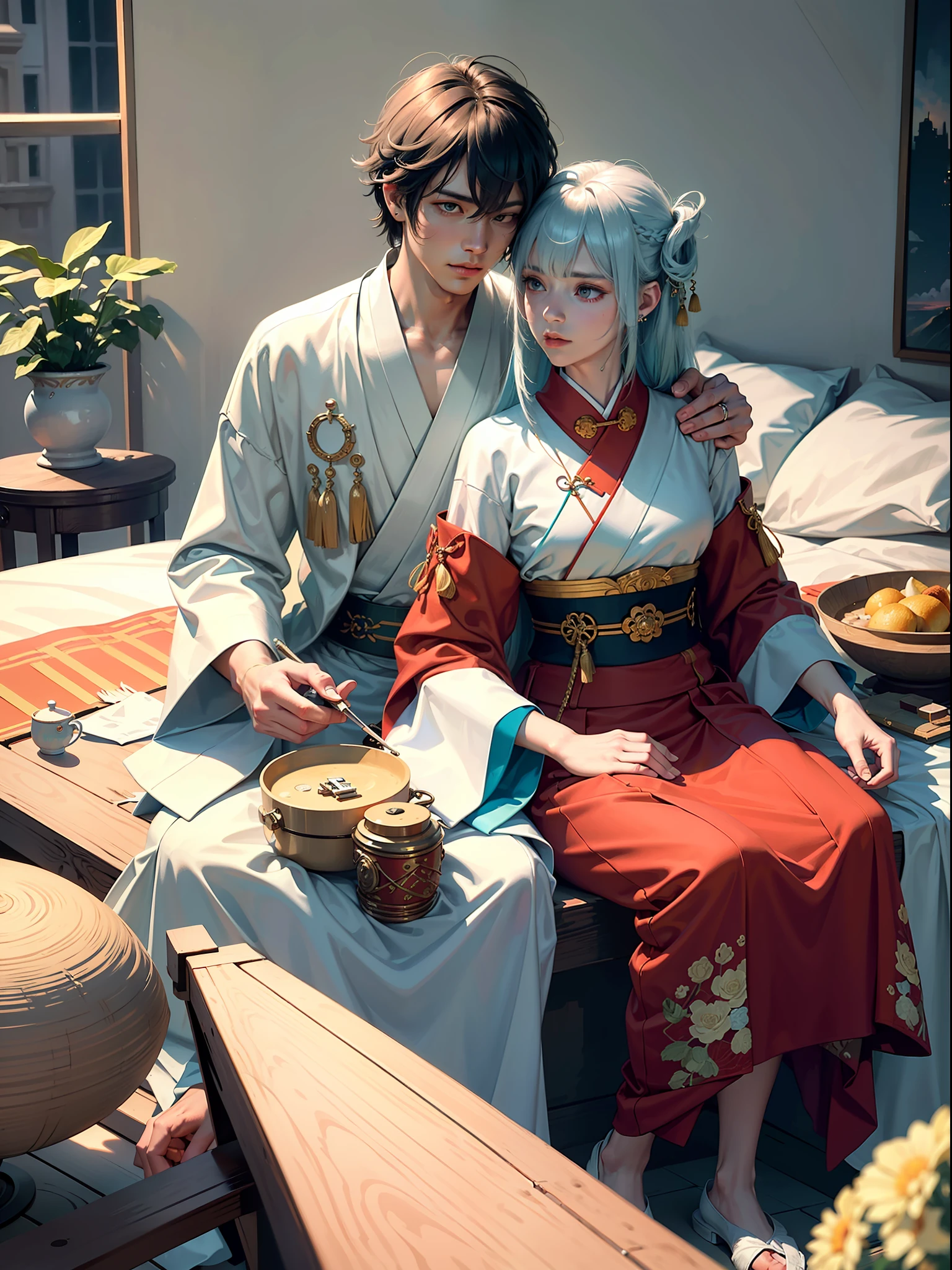 Concept Art, "1 Couple, Male Focus, Fin Ears, Multicolored Hair, Handsome Boy, Long White Hair, Tassels, Bangs, Carp, Colorful, Bold Colors, White Kimono, (Open) Kimono, Traditional Chinese Clothing, Close-up, Intimate Interaction in Bed, Stud Earrings, Rings, Sweat, Illuminate People", Colorful, Master Composition, Focus on Key Figures, Realism, Masterpiece, Award-Standing, Best Quality, Masterpiece, Ultra Detailed, 8K, Extremely Detailed CG Unity 8k wallpaper, complex, highly detailedrealistic