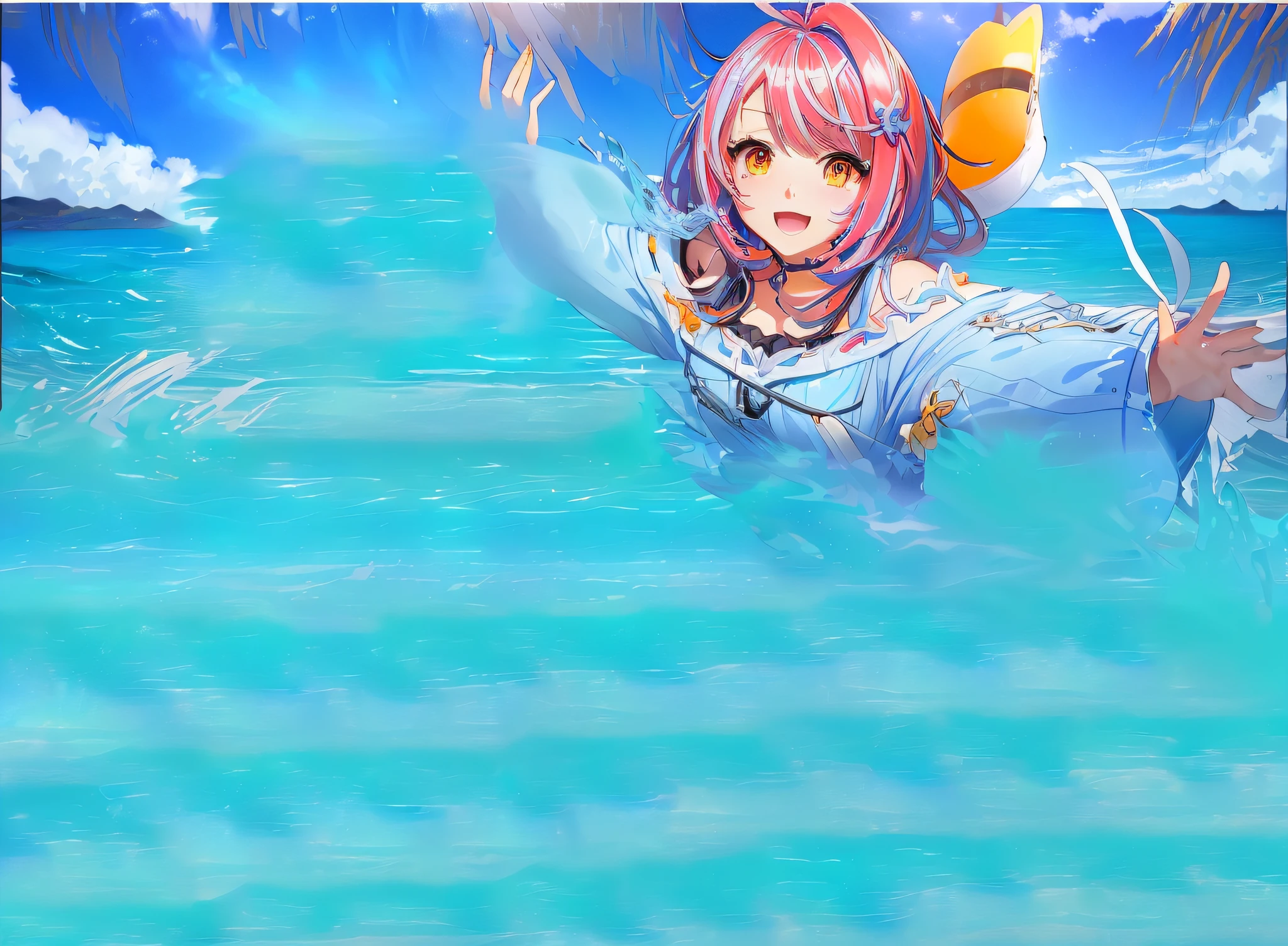 (Masterpiece, best quality, extremely detailed CG, beautiful detailed eyes, super detailed, complex details: 1.2), 8k wallpaper, gray hair, realistic, (((1girl)), water, sunlight, Kamigawa \ (genshin impact\ ), 1 girl anime girl in blue dress with a yellow ball in hand, Kantai collection style, anime girl walking on water, [floating] !!, wallpaper anime blue water, anime background, splash art anime , Mcross Delta Splash Art with Paradise in the background, from Azure Lane video game, splash page, breeze background, loliross Delta