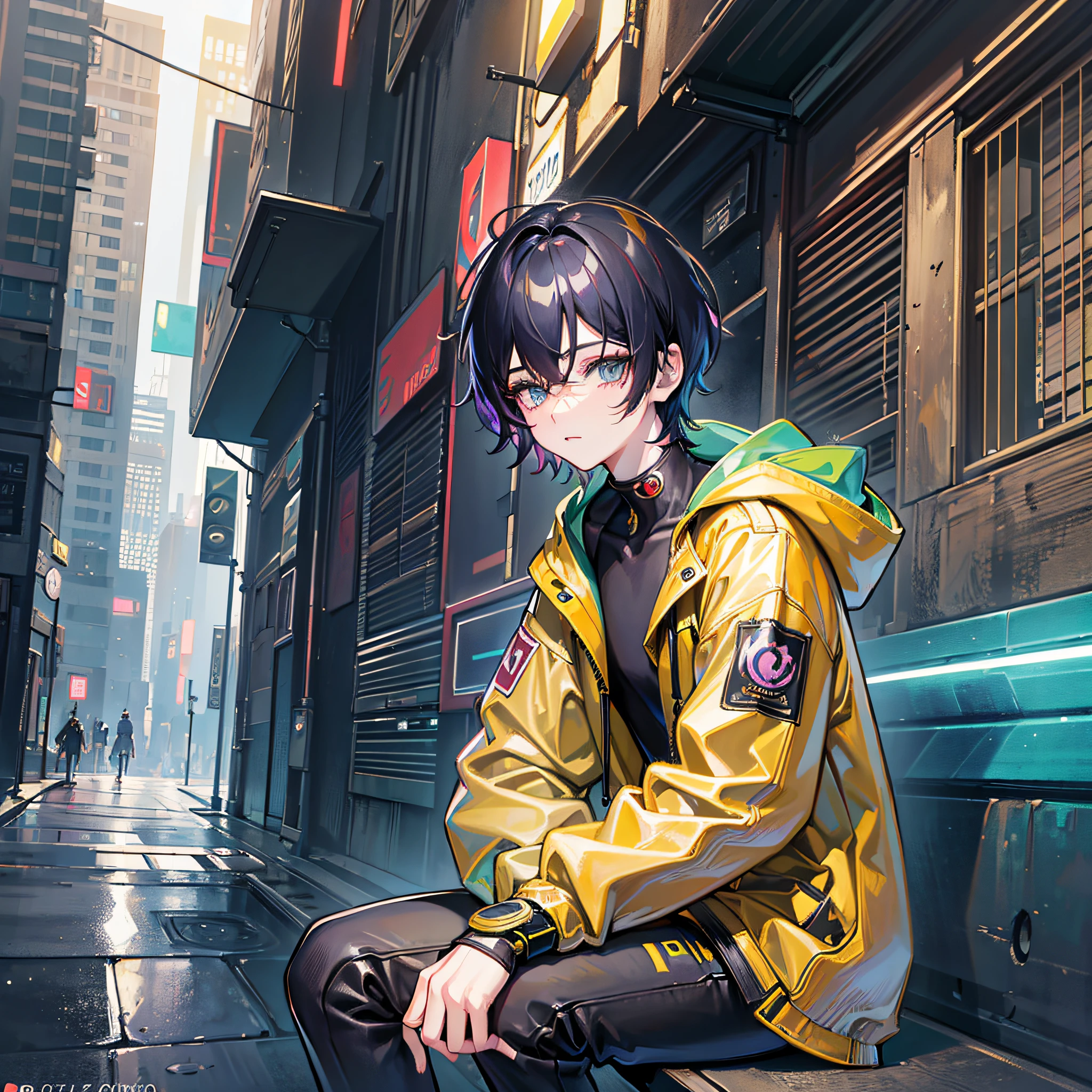 masterpiece, high quality, highres,absurdres, finely detail,ray tracking,manga,anime coloring,cyberpunk,cyberpunk edgerunners,1boy,short hair,yellow coat,loose clothes,sitting,road,gate,city,art by Edward John Poynter --auto --s2