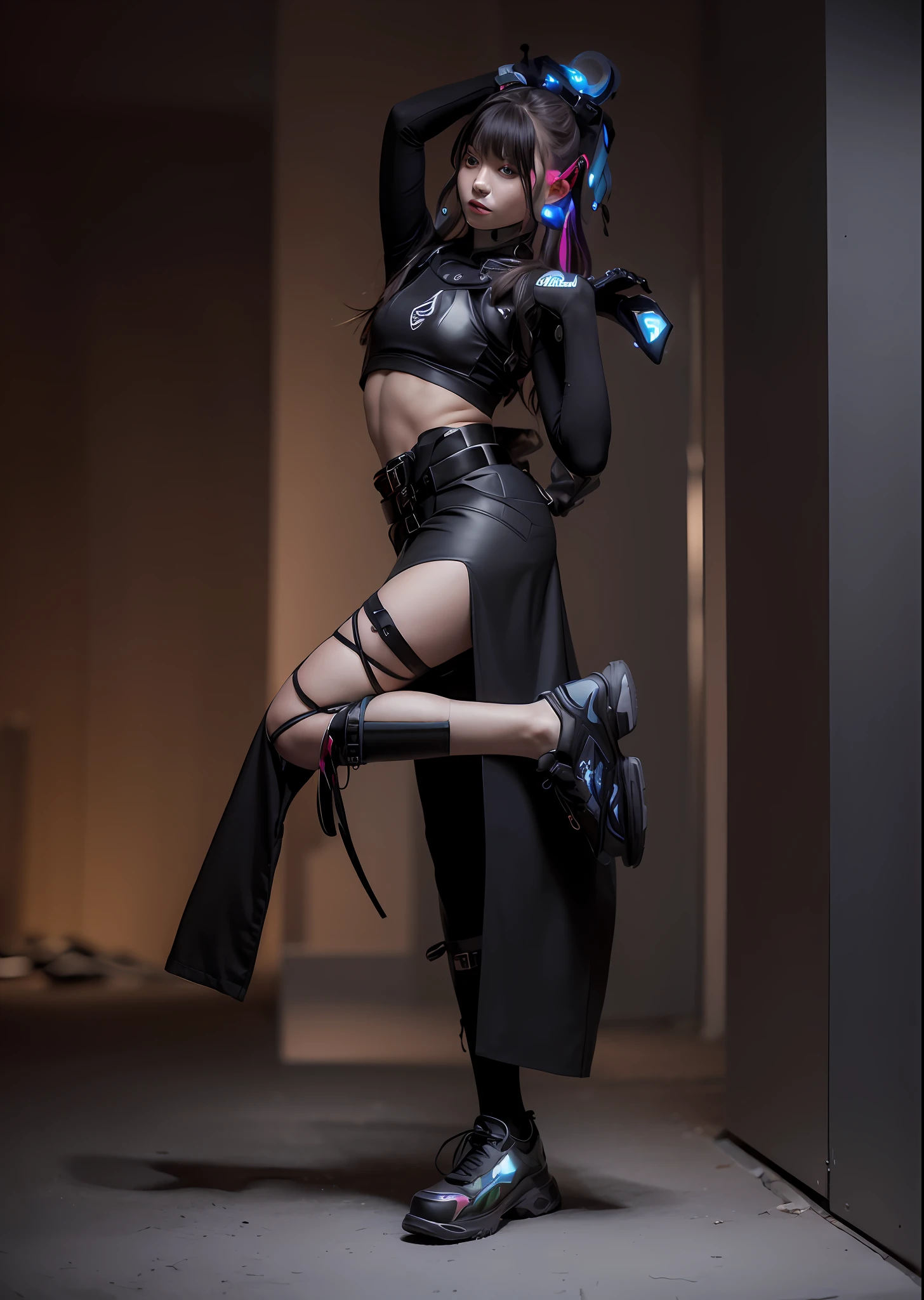 araffe in a skirt and boots posing for a picture, cyberpunk style outfit, photograph of a techwear woman, wearing techwear and armor, cyberpunk outfit, dystopian scifi outfit, wearing japanese techwear, cyberpunk fashion clothing, full body xianxia, full body with costume, outfit design, cyberpunk outfits, fantasy outfit, muted cyberpunk style, cyberpunk clothes