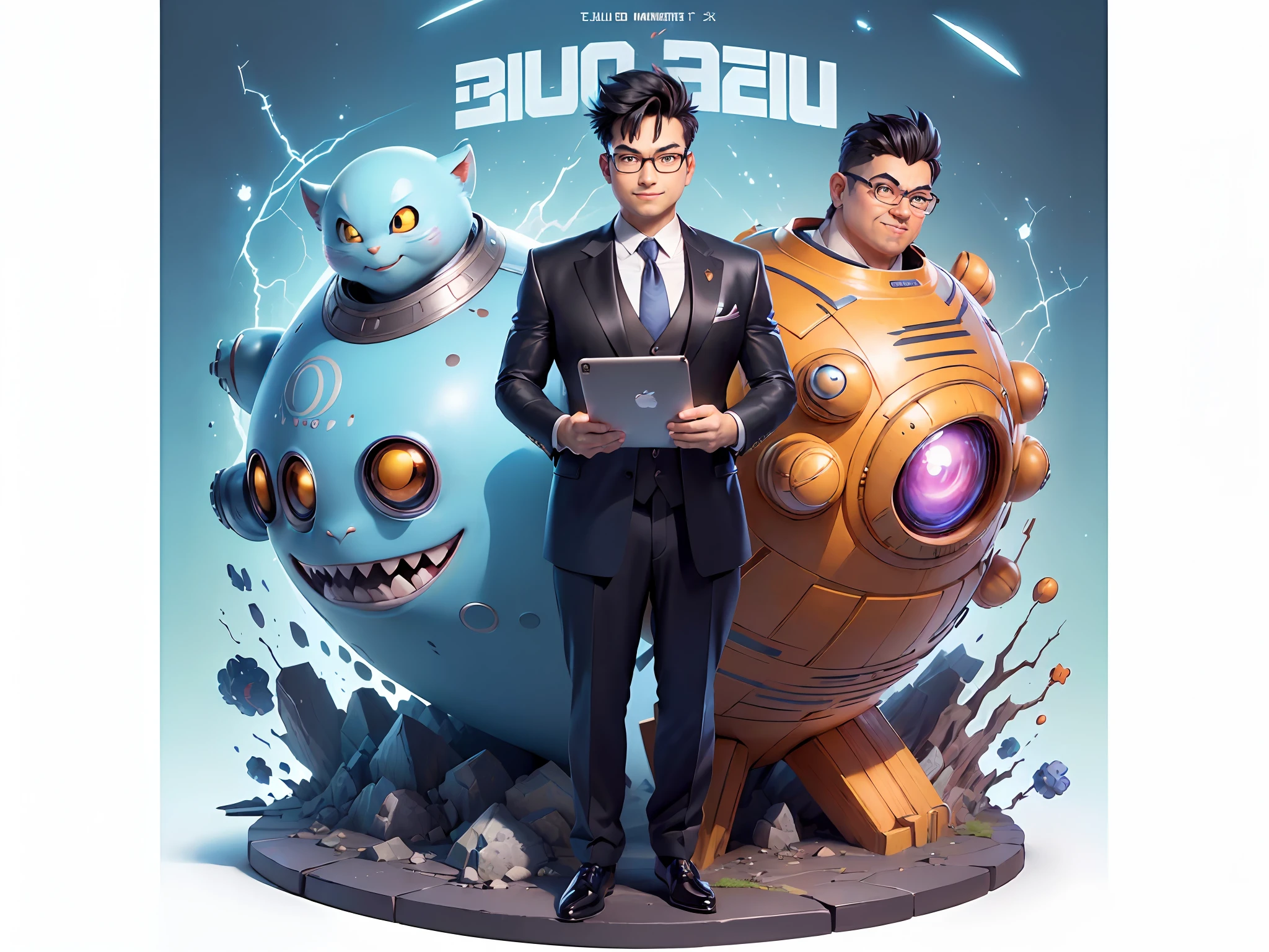 (((Masterpiece), (Excellent), (Super Meticulous), (Full Body: 1.2), Super Young Man, Oriental Face, Japanese Wind and Thunder God, Dragon, Tiger, TV Anchor, Bust Portrait Illustration, Alone, Black Formal Suit, Blue Tie, Slightly Chubby Face, Silver Glasses Face Very Clean No Beard, Black Super Short Hair, Black Eyes, Confident Smile, 3c Computer Sub-Products, iPad, iPhone, Digital Painting, 3D Character Design by Akira Toriyama and Mark Claireden and Pixar and Hayao Miyazaki, The illustration is a high-definition illustration in 4K resolution with very detailed facial features and cartoon-style visuals.