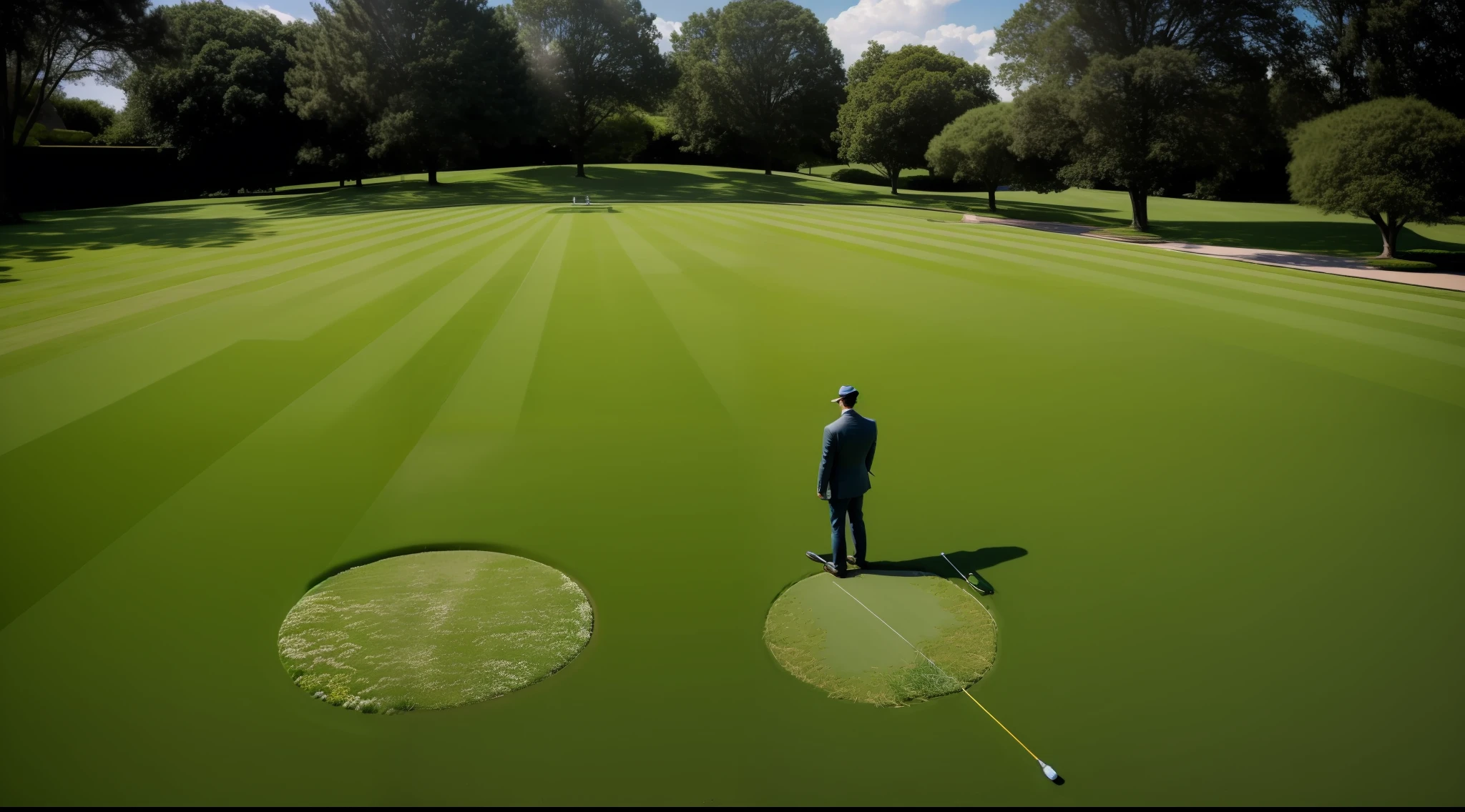 ((highres, best quality, masterpiece, realistic, 16k)), (a lawn with a person standing), shot from above, 35mm, f/16, wide shot,