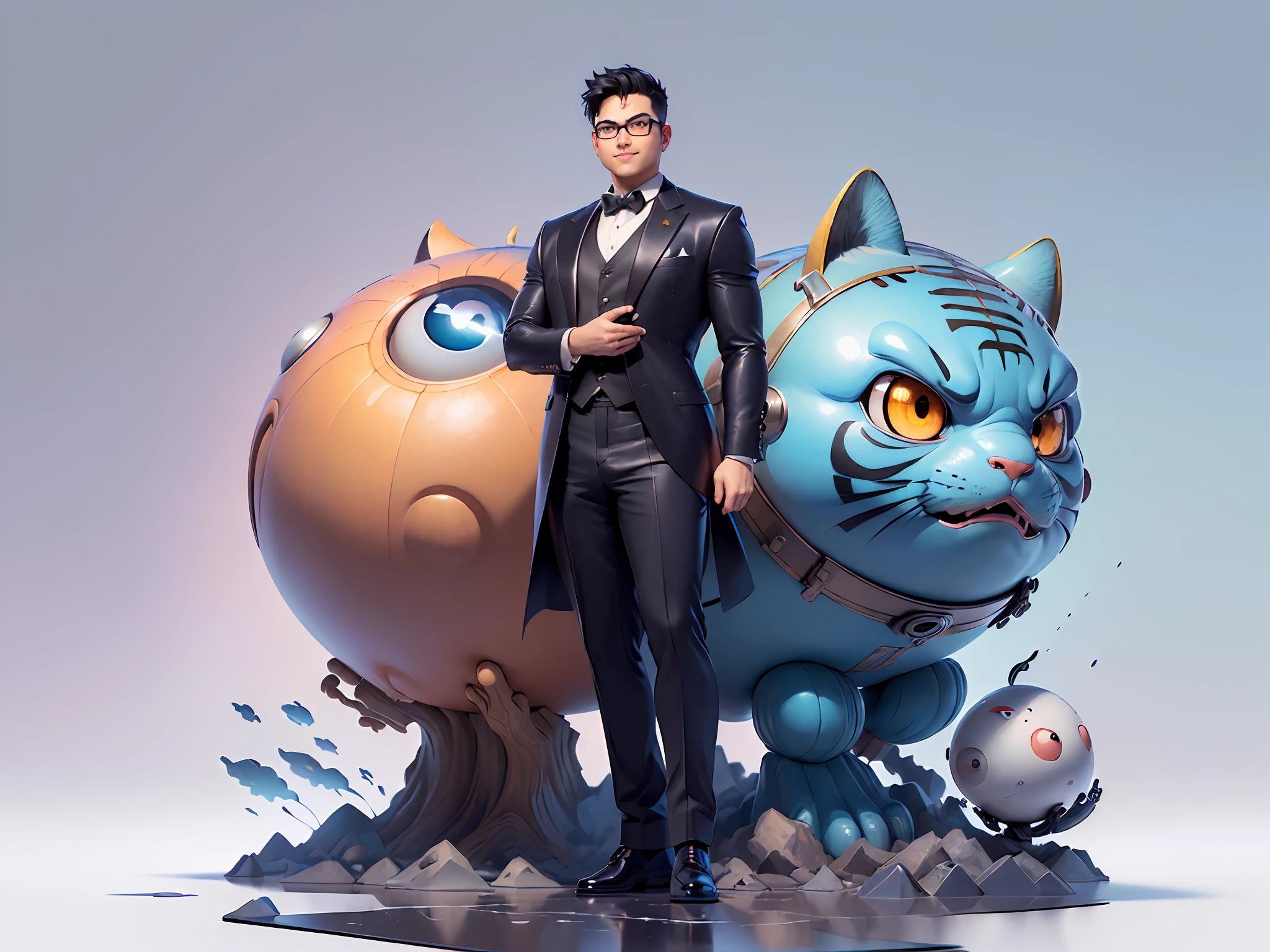 (((Masterpiece), (Excellent), (Super Meticulous), (Full Body: 1.2), Super Young Man, Oriental Face, Japanese Wind and Thunder God, Dragon, Tiger, TV Anchor, Bust Portrait Illustration, Alone, Black Formal Suit, Blue Tie, Slightly Chubby Face, Silver Glasses Face Very Clean No Beard, Black Super Short Hair, Black Eyes, Confident Smile, 3c Computer Sub-Products, iPad, iPhone, Digital Painting, 3D Character Design by Akira Toriyama and Mark Claireden and Pixar and Hayao Miyazaki, The illustration is a high-definition illustration in 4K resolution with very detailed facial features and cartoon-style visuals.