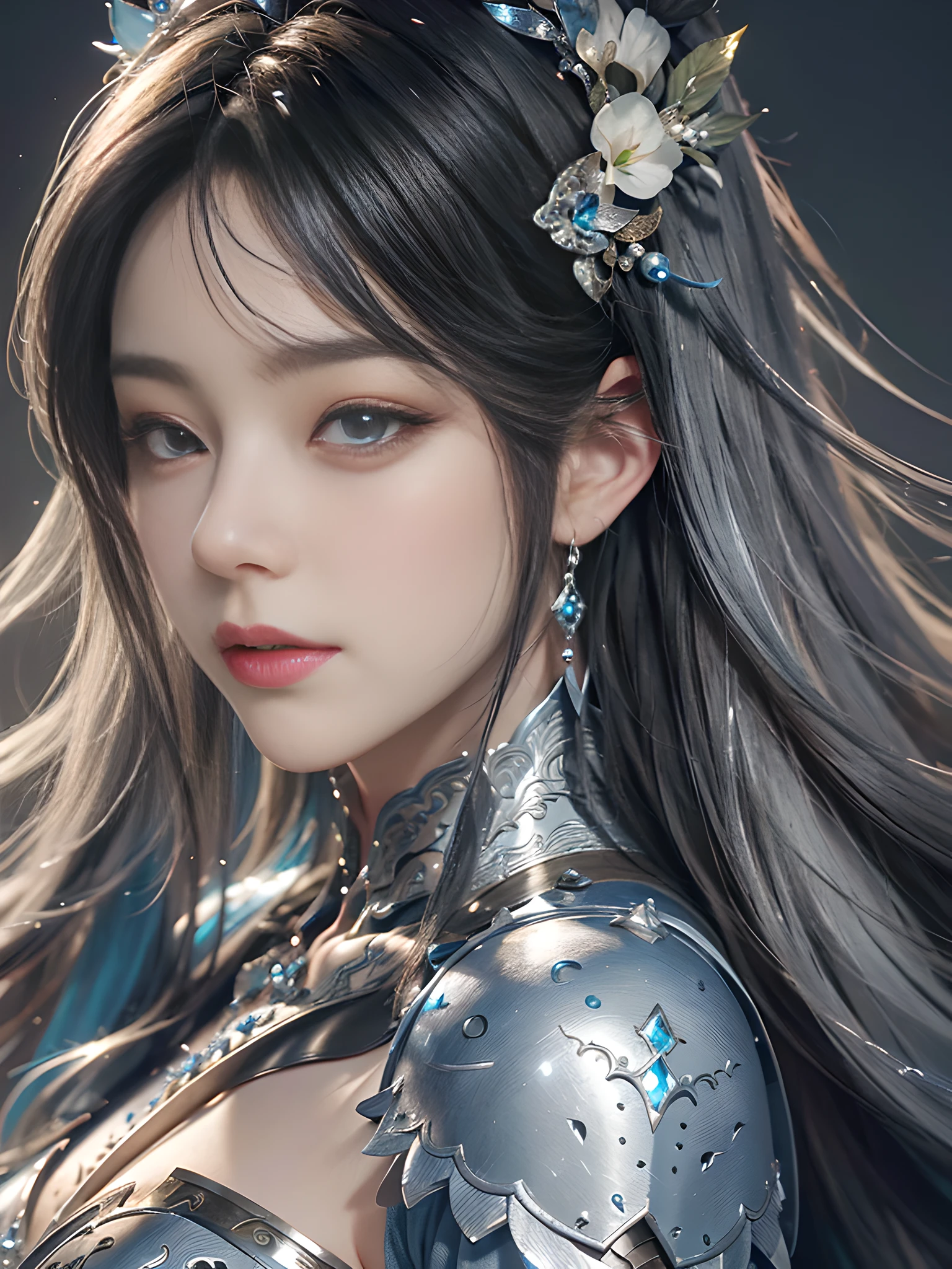 a close up of a woman in a silver and blue dress, chengwei pan on artstation, by Yang J, detailed fantasy art, stunning character art, fanart best artstation, epic exquisite character art, beautiful armor, extremely detailed artgerm, detailed digital anime art, artgerm on artstation pixiv, armor girl