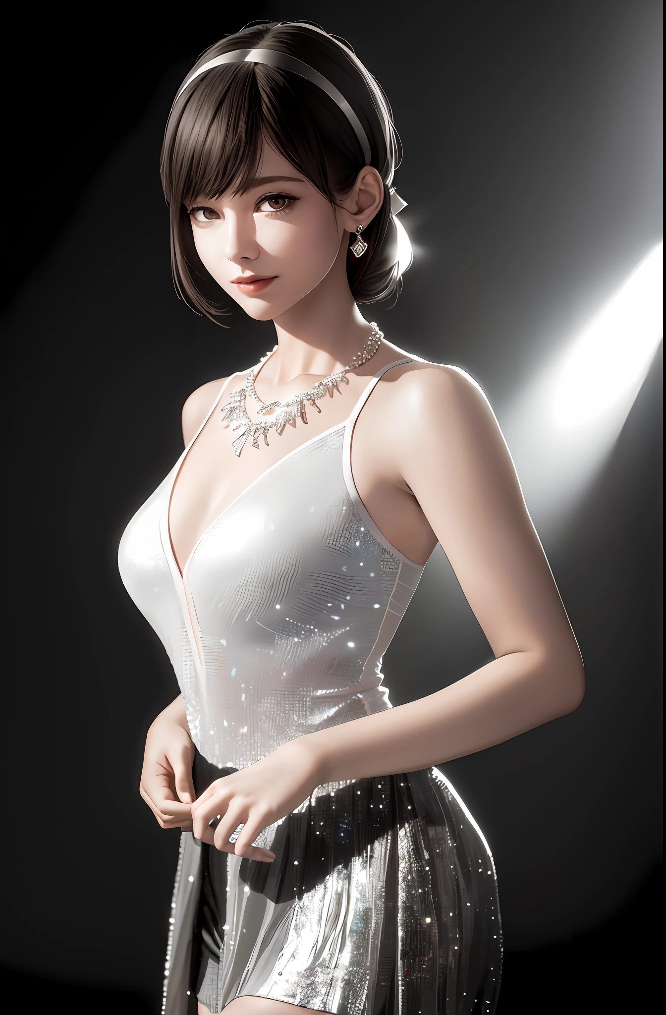 Best Quality, Masterpiece, High Resolution, 1Girl, Short Skirt, Hair Accessories, Necklace, Jewelry, Beautiful Face, Body, Tyndall Effect, Realistic, Dark Studio, Edge Lighting, Two-tone Lighting, (High Detail Skin: 1.2), 8K UHD, DSLR, Soft Light, High Quality, Volumetric Light, Voyeur, Photo, High Resolution, 4K, 8K, Bokeh,