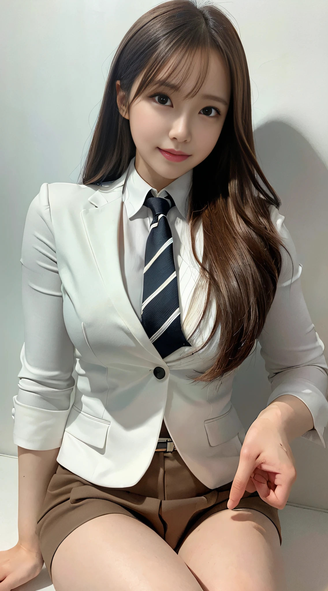 (best illustration), high quality, ultra-realistic, white background, sitting pose, female character, neat brown hair, (muscular abdomen:1.2), hands placed behind the back, sitting in M shape, wearing business uniform.