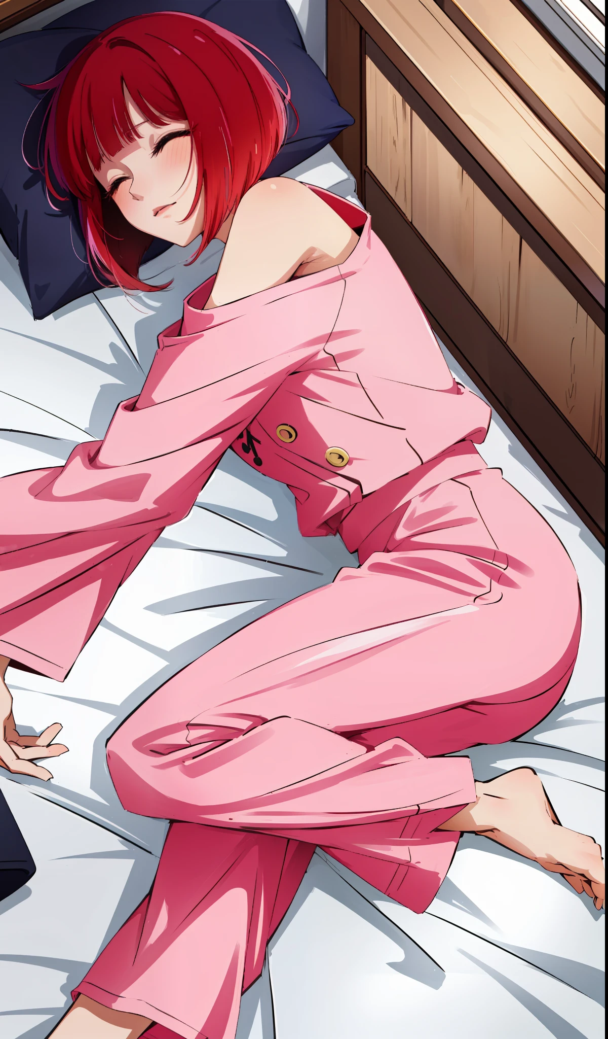 Solo, One Girl, Kana Arima, Red Hair, Short Bob, Straight From Real Life, Sleeping in bed in pink pajamas and long pants, sleeping, closing her eyes, getting hungry,