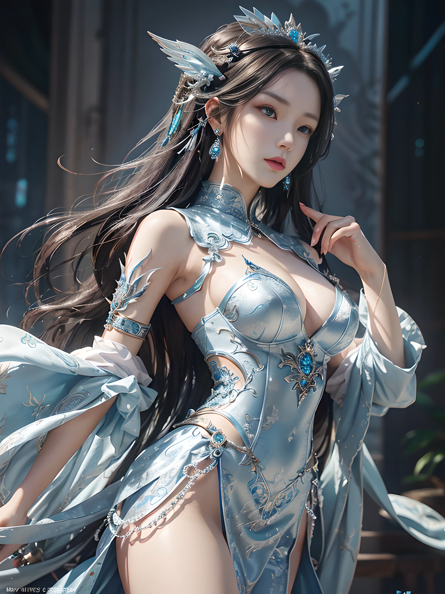 Close-up of a woman in a silver blue dress, Cheng Weipan Art Station, Xiuxian Technology Sense, Detailed Fantasy Art, Stunning Character Art, Epic Exquisite Character Art, Beautiful Armor, Extremely Detailed Art Budding, Detailed Digital Animation Art, Art Station Pixiv on Artgerm, Armor Girl, Exquisite Intricate Headdress and Jewelry