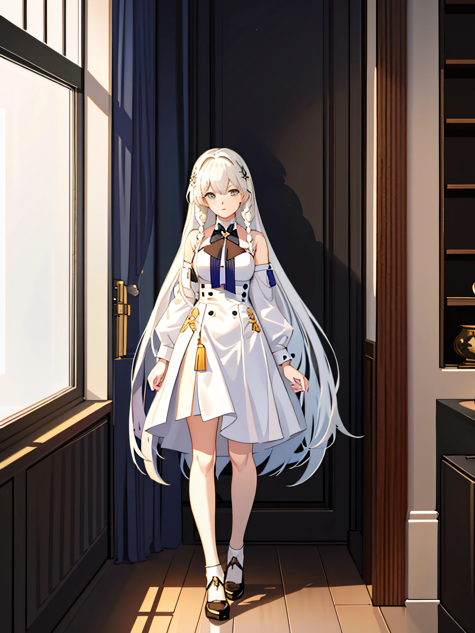 anime girl in white dress standing in front of a window, from girls frontline, anime girl with long hair, visual novel cg, from the azur lane videogame, inspired by Ma Yuanyu, anime moe artstyle, fine details. girls frontline, girls frontline style, ; visual novel, beautiful character painting, anime visual of a cute girl, female anime character