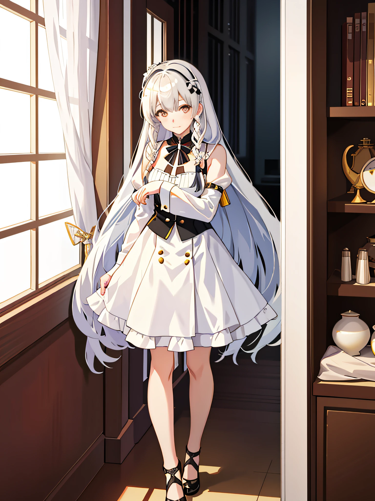 anime girl in white dress standing in front of a window, from girls frontline, anime girl with long hair, visual novel cg, from the azur lane videogame, inspired by Ma Yuanyu, anime moe artstyle, fine details. girls frontline, girls frontline style, ; visual novel, beautiful character painting, anime visual of a cute girl, female anime character