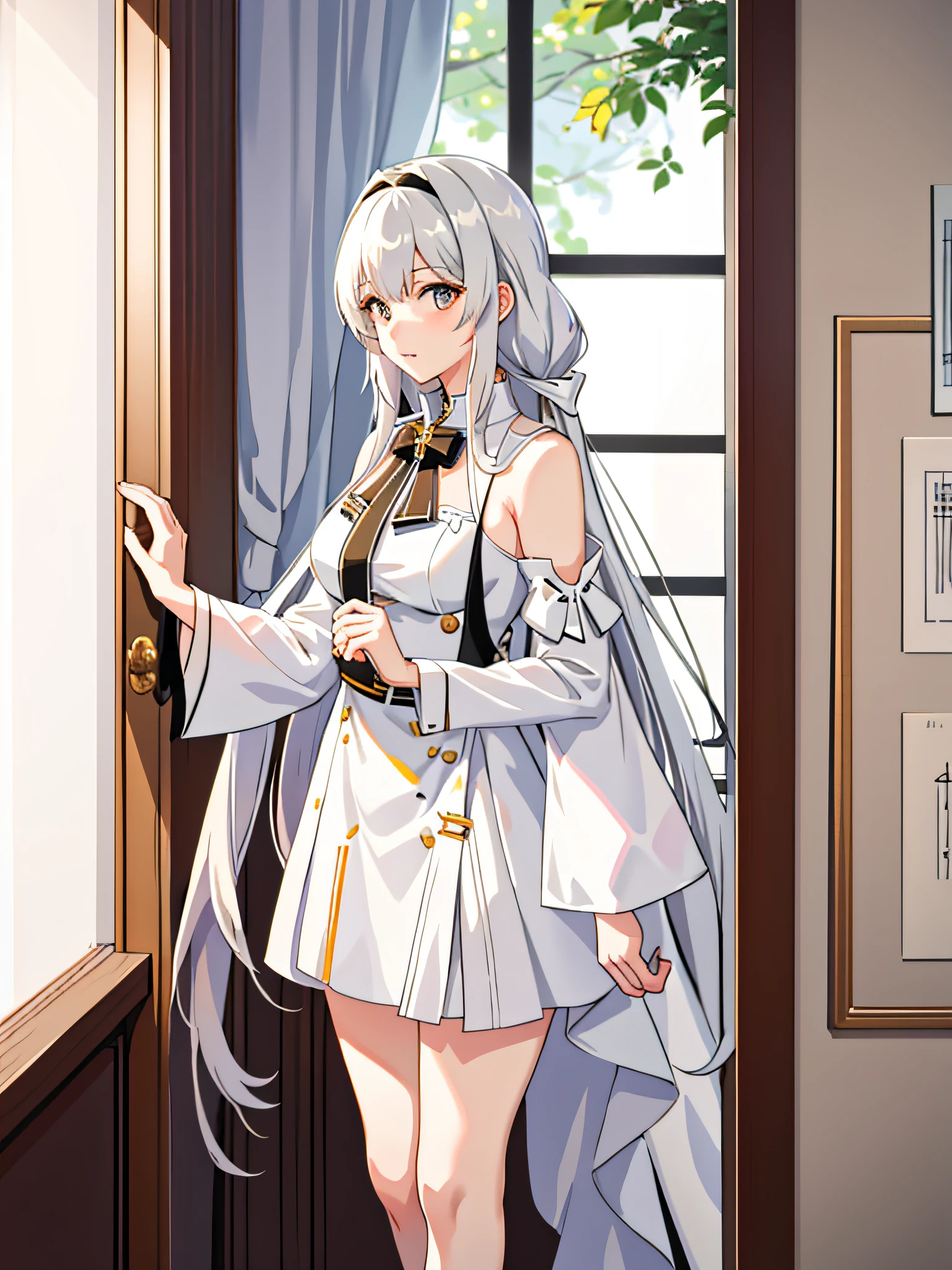 anime girl in white dress standing in front of a window, from girls frontline, anime girl with long hair, visual novel cg, from the azur lane videogame, inspired by Ma Yuanyu, anime moe artstyle, fine details. girls frontline, girls frontline style, ; visual novel, beautiful character painting, anime visual of a cute girl, female anime character