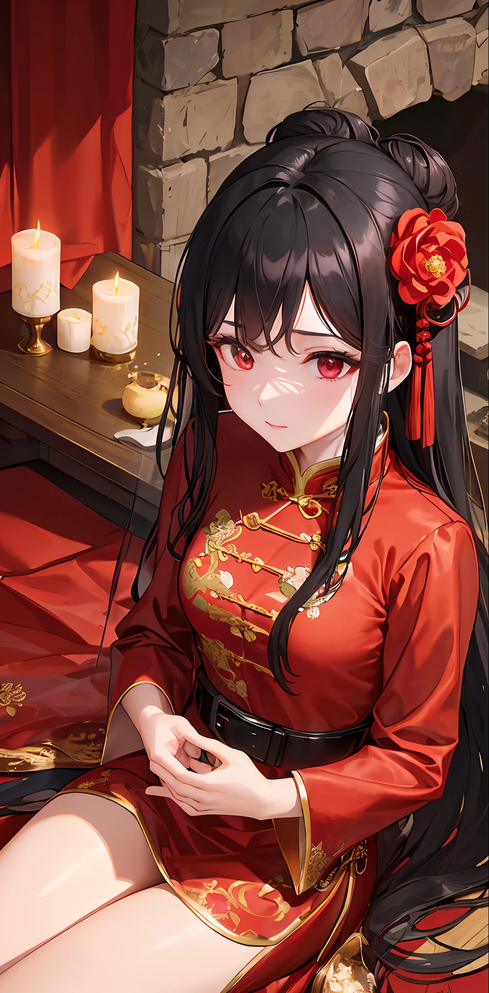 Masterpiece, Superb Style, Cave House Flower Candle Night, Wedding Scene, ((Single)) Mature Woman, Chinese Style, Royal Sister, Chinese Costume Red Wedding Dress, Bun, Black Long Hair Woman, Embroidered Shoes, Gentle, Intellectual, Three Belts, Wedding Background, 囍, Red Lantern, Face Close-up, Face Close-up