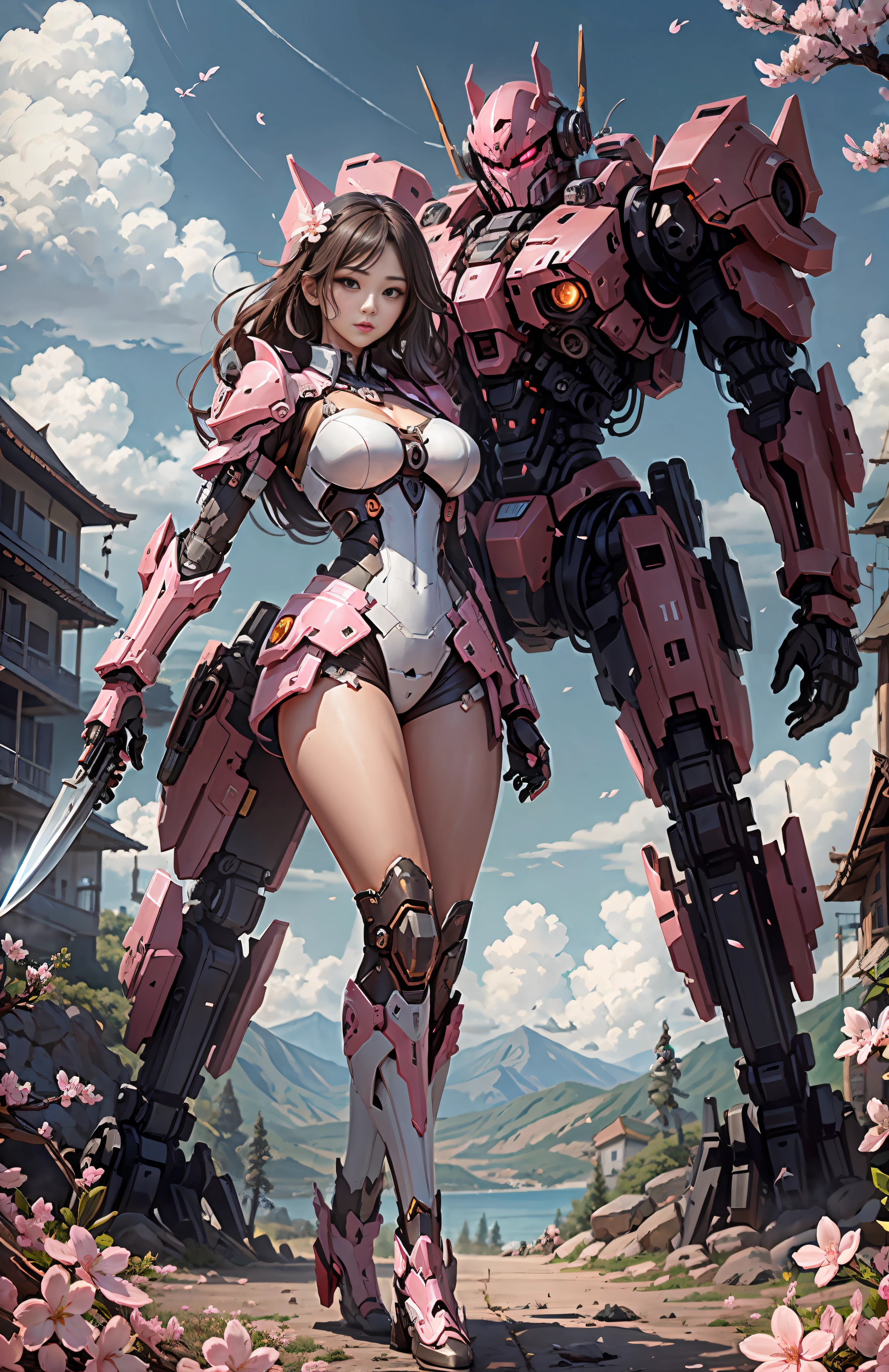 The mech warrior is stout and holding a huge weapon, and the mech beauty is holding a knife, cherry blossom pink