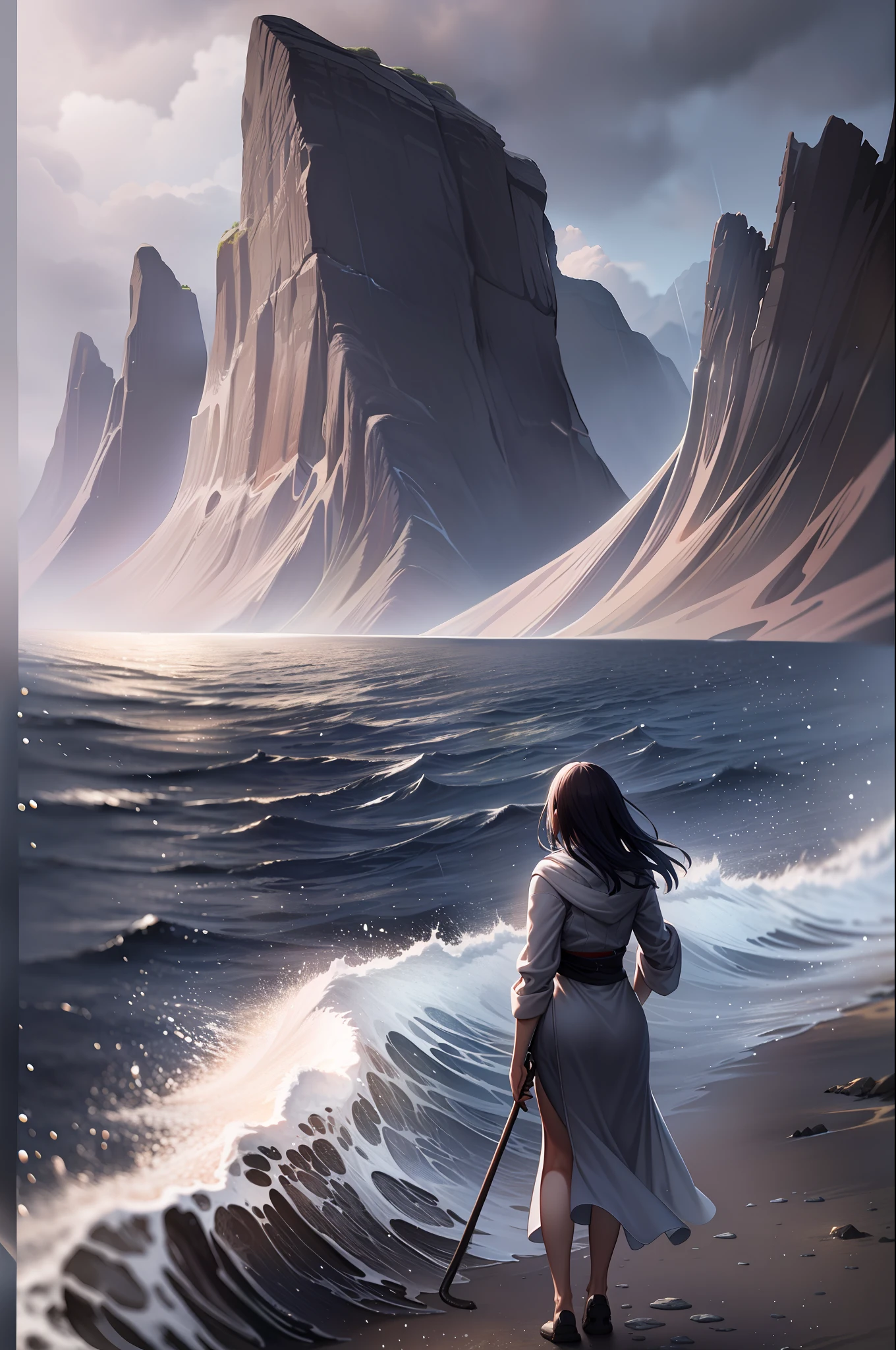 Ultra detailed 8K CG, a woman walking around an island, storm, rain, Greg Rutkowski