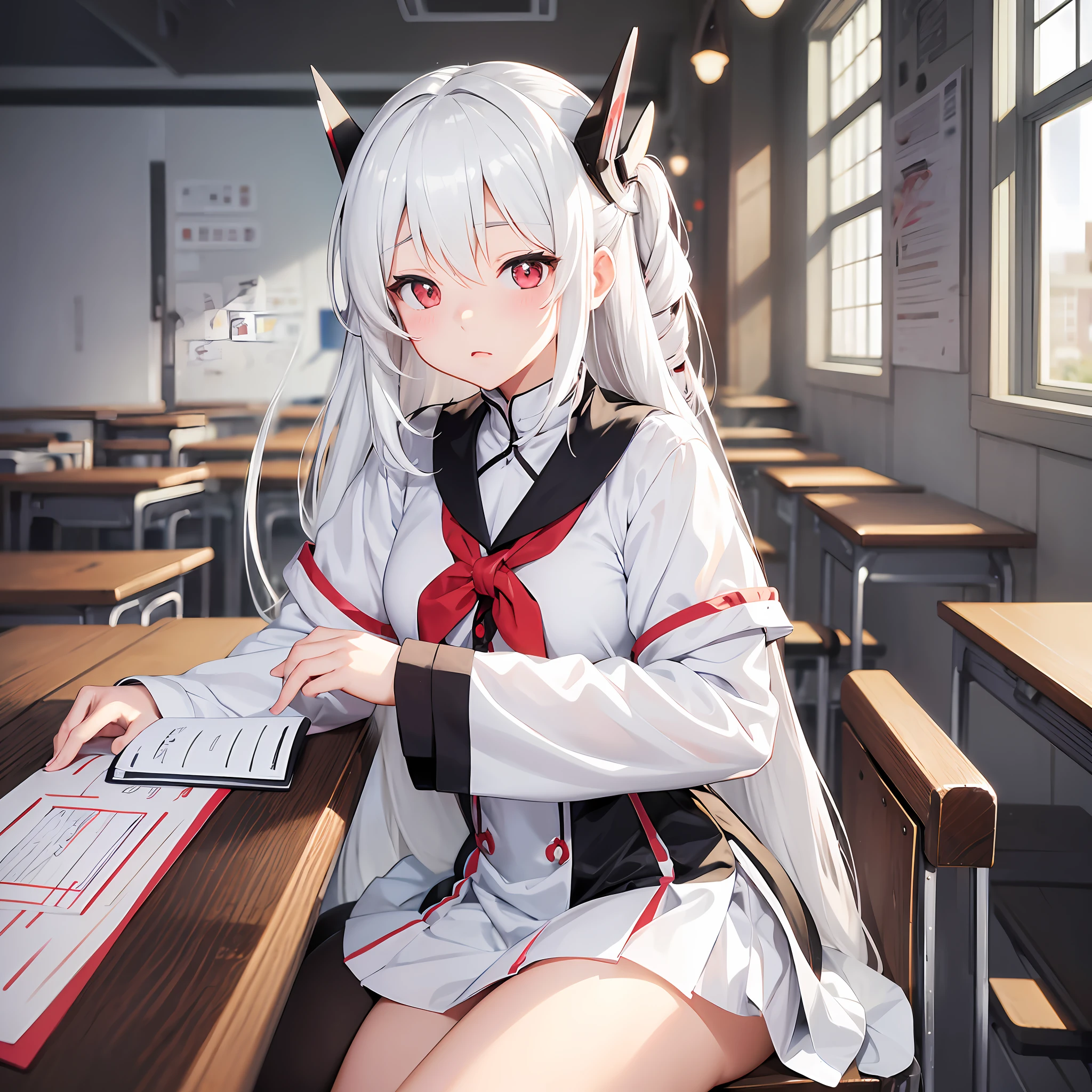 At dusk moment, anime girl sitting next to the classroom desk shaking white long legs, perfect white-haired girl, Kantai collection style, white-haired god, cute girl anime vision, little curvy , flowing white hair, cute anime girl, cute costume, melancholy eyes, light red eyes --auto --s2