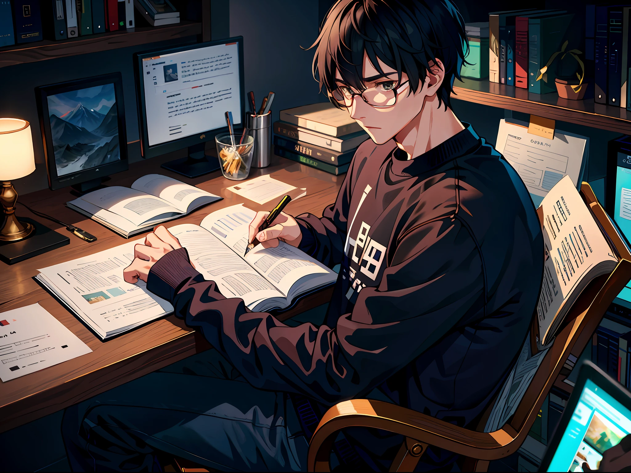 HD clear, best images, illustration quality, super detailed, a young man in a black casual sweatshirt, with a book in front of him, writing, bloodstained