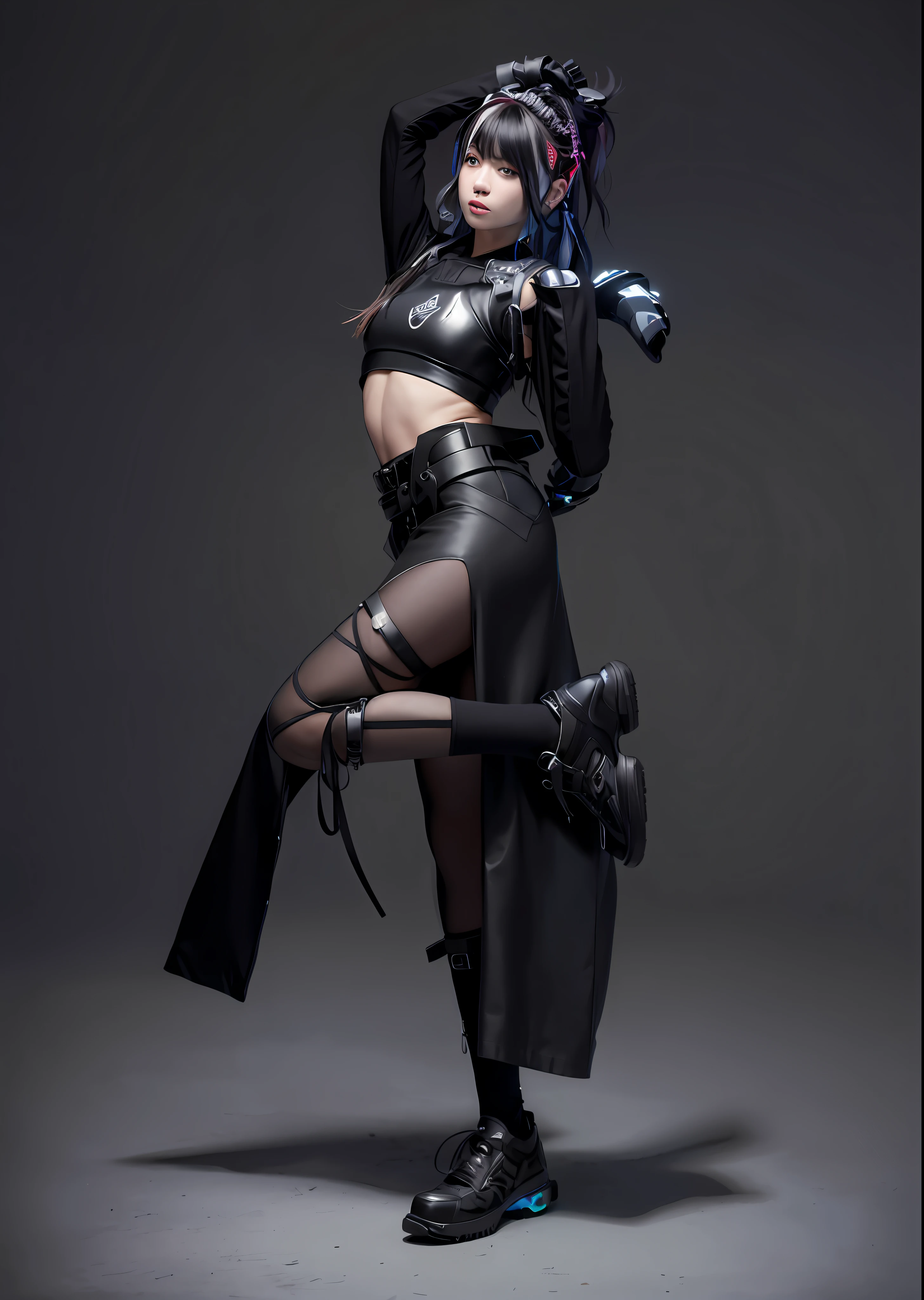 araffe in a skirt and boots posing for a picture, cyberpunk style outfit, photograph of a techwear woman, wearing techwear and armor, cyberpunk outfit, dystopian scifi outfit, wearing japanese techwear, cyberpunk fashion clothing, full body xianxia, full body with costume, outfit design, cyberpunk outfits, fantasy outfit, muted cyberpunk style, cyberpunk clothes