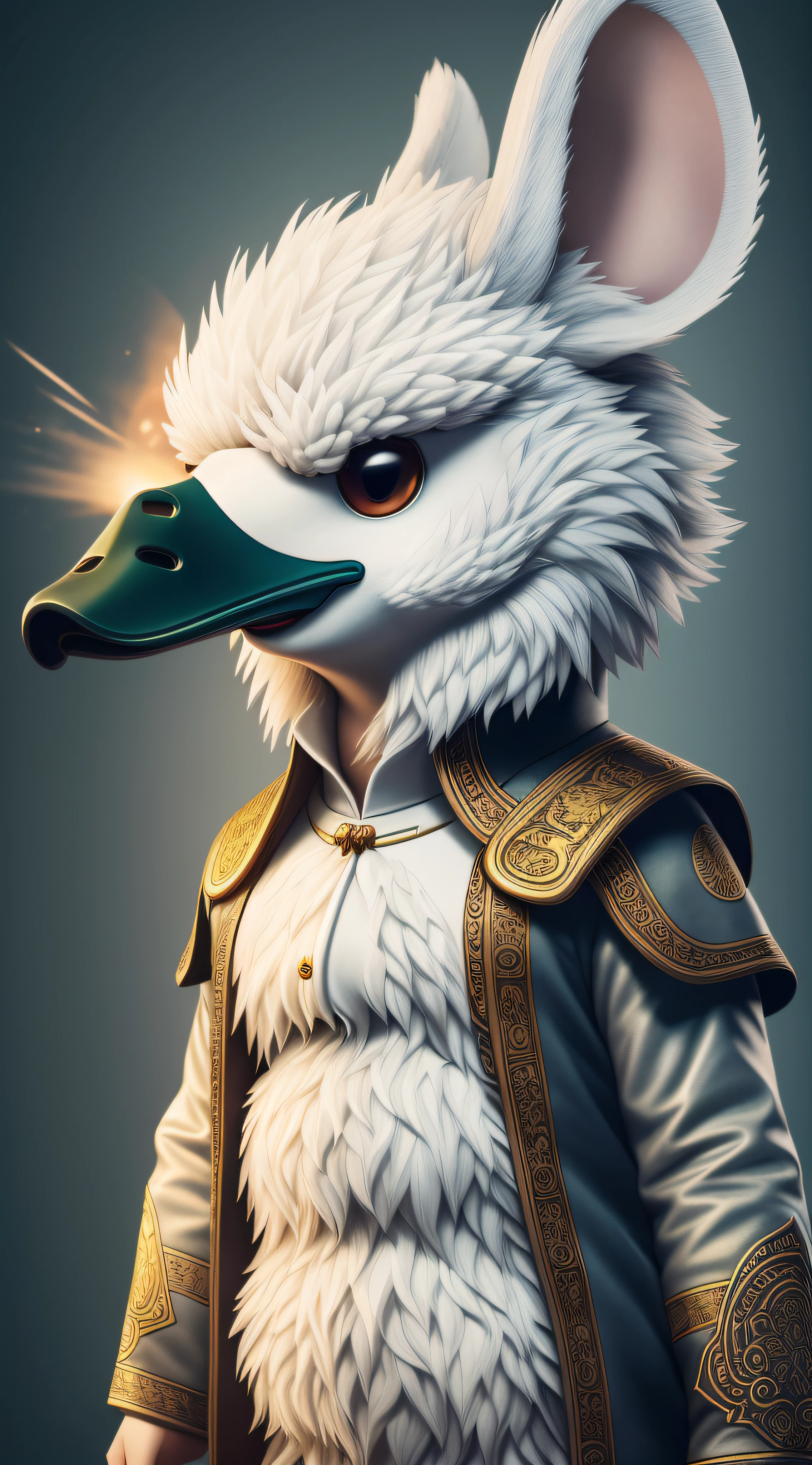 This is a hyper-detailed, high-resolution and top-quality CG Unity 8k wallpaper in the style of Chinese campus style, mainly white. In the picture, a monster with a mouse-headed duck body appears