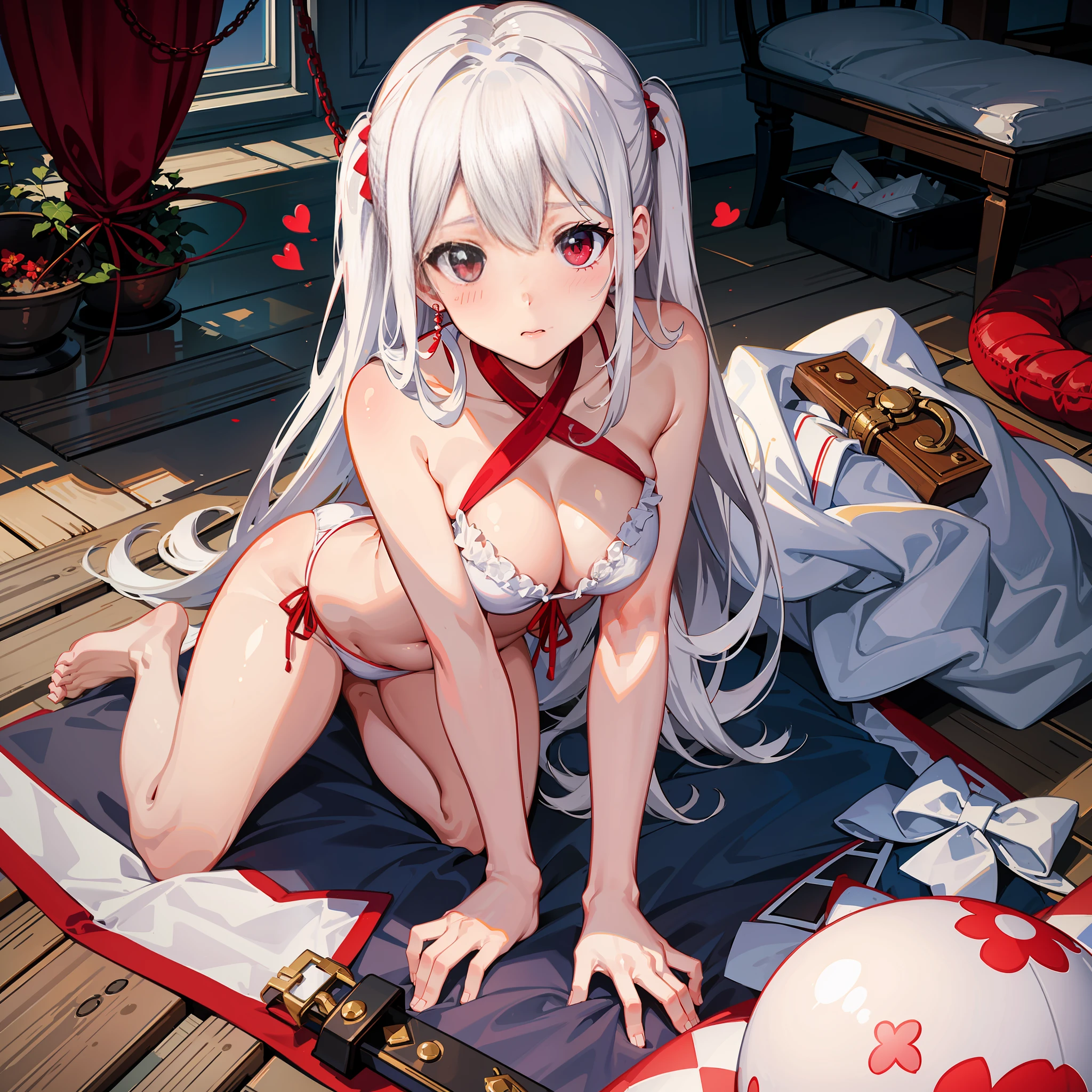 White emanation, red eyes, plump thighs, white bikini, shy face, blushing