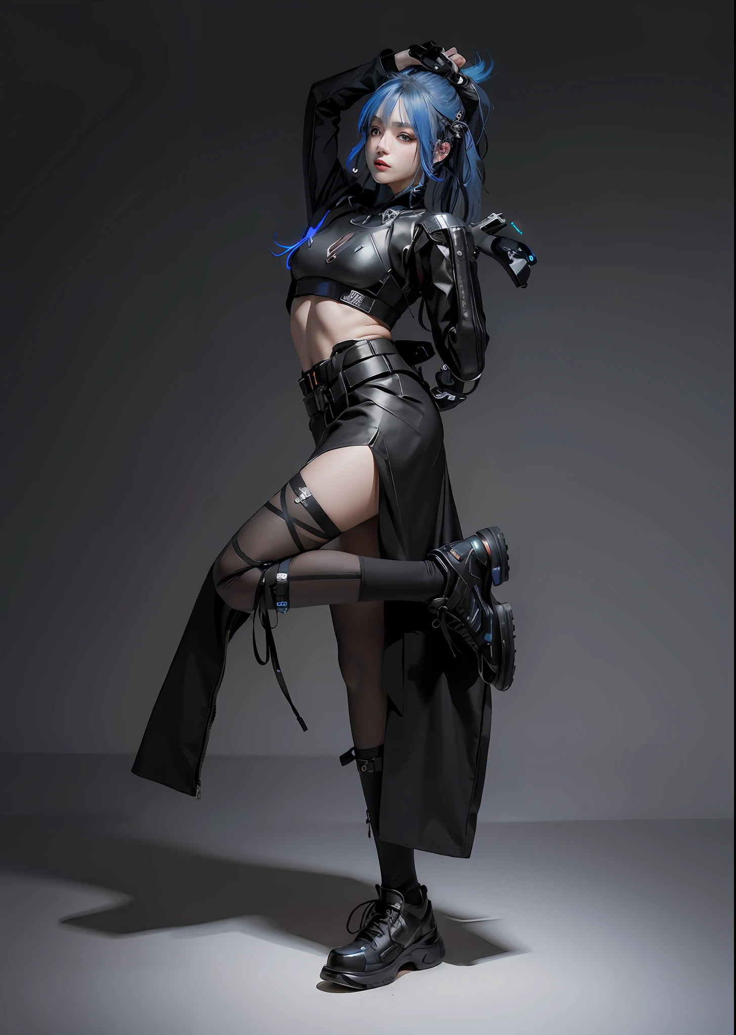 araffe in a skirt and boots posing for a picture, cyberpunk style outfit, photograph of a techwear woman, wearing techwear and armor, cyberpunk outfit, dystopian scifi outfit, wearing japanese techwear, cyberpunk fashion clothing, full body xianxia, full body with costume, outfit design, cyberpunk outfits, fantasy outfit, muted cyberpunk style, cyberpunk clothes