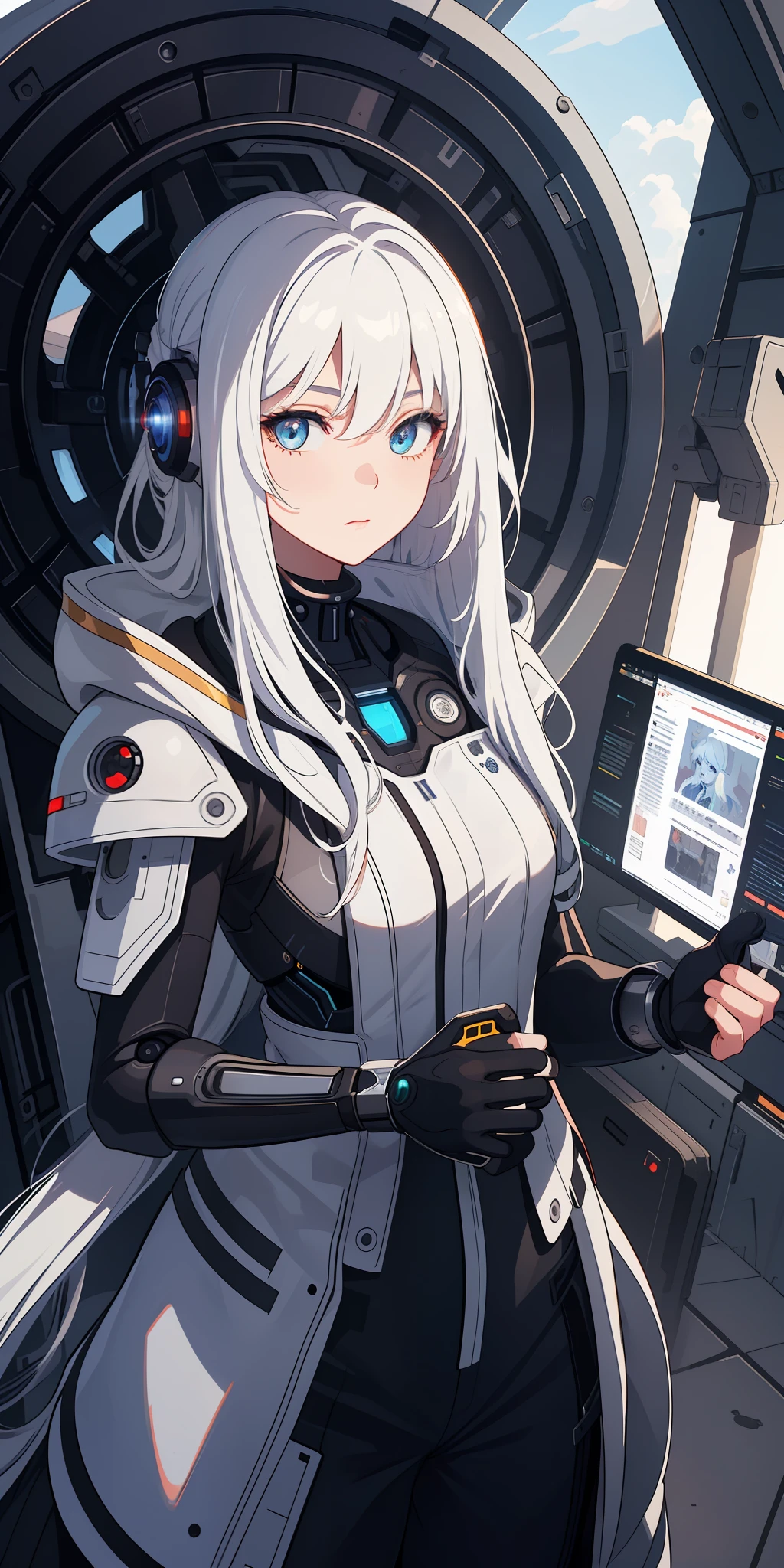 (works: 1.2, best quality), (very detailed CG unity 8k wallpaper, masterpiece, best quality, ultra-detail, best shadows), (very detailed beautiful eyes: 1.2), (1 girl), ((cyborg, high-tech)), (long straight white hair:1.2)