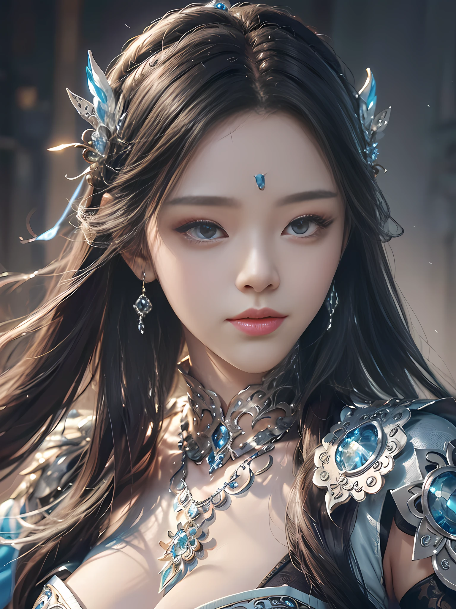 Close-up of a woman in a silver blue dress, Cheng Weipan Art Station, Xiuxian Technology Sense, Detailed Fantasy Art, Stunning Character Art, Epic Exquisite Character Art, Beautiful Armor, Extremely Detailed Art Budding, Detailed Digital Animation Art, Art Station Pixiv on Artgerm, Armor Girl, Exquisite Intricate Headdress and Jewelry