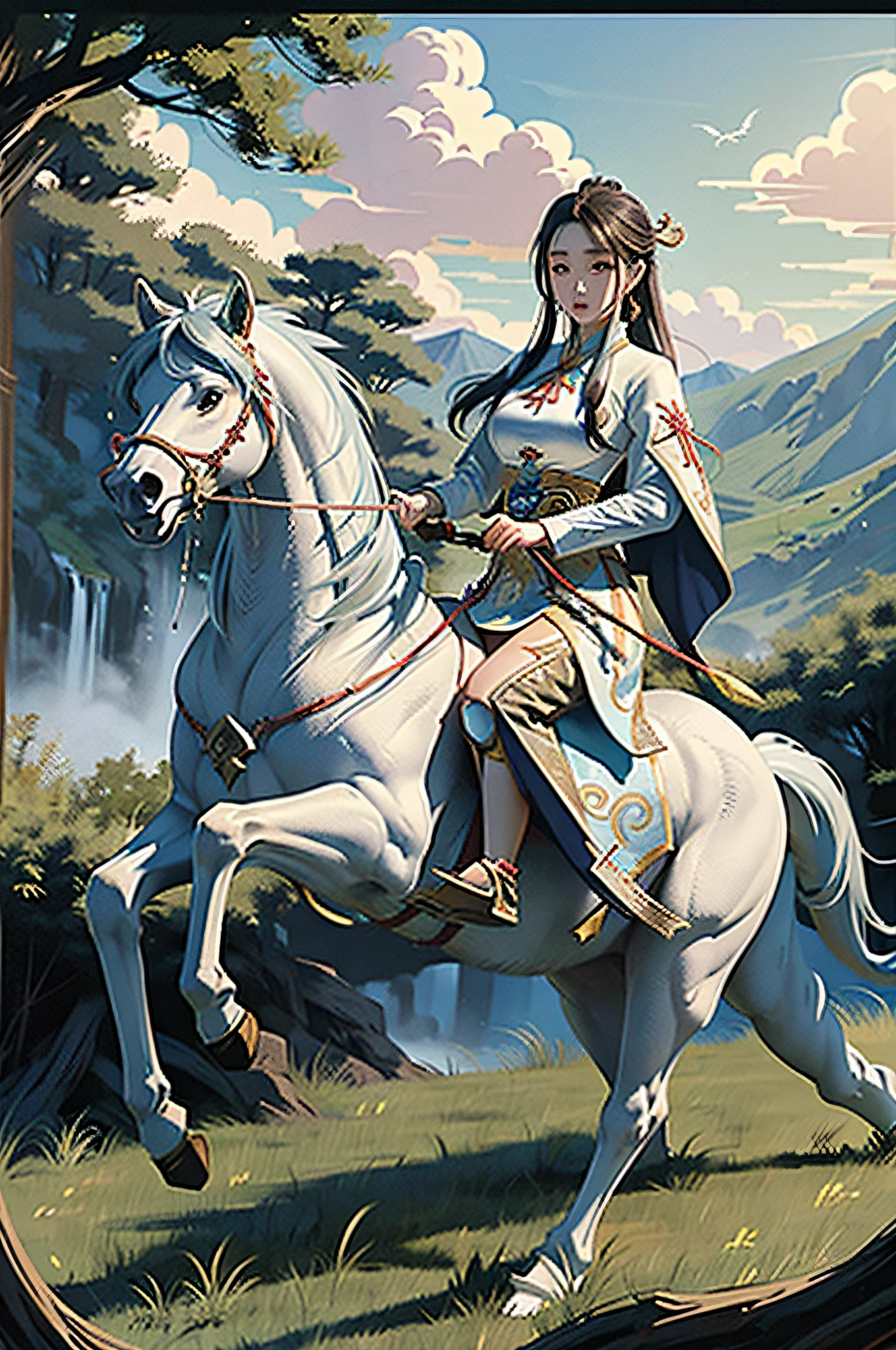(Chinese style picture quality, animation and comic style), beautiful woman riding a white horse, (spear + Qingling: 1.2 + beauty dragon clothes + eagle eye: 1.2), high-definition grass and woods, sunset on the top of the mountain, clouds and clouds.