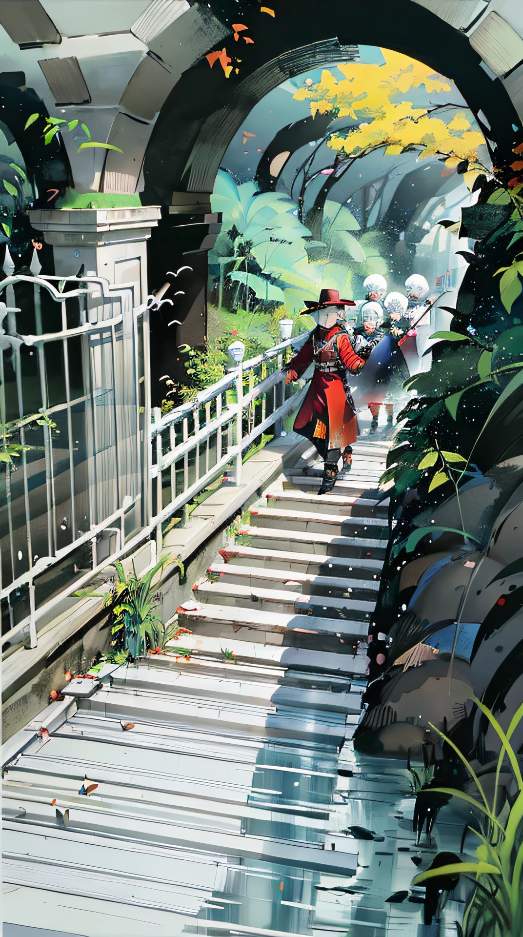Best quality, masterpiece, underground Yan Luo, Difu, white long-coat ghosts, many ghosts lined up to walk across the bridge, red fire water flowing under the bridge, guards with long whips standing at the entrance of the bridge, two guards with fierce faces, red and black skin, dungeon environment, white souls