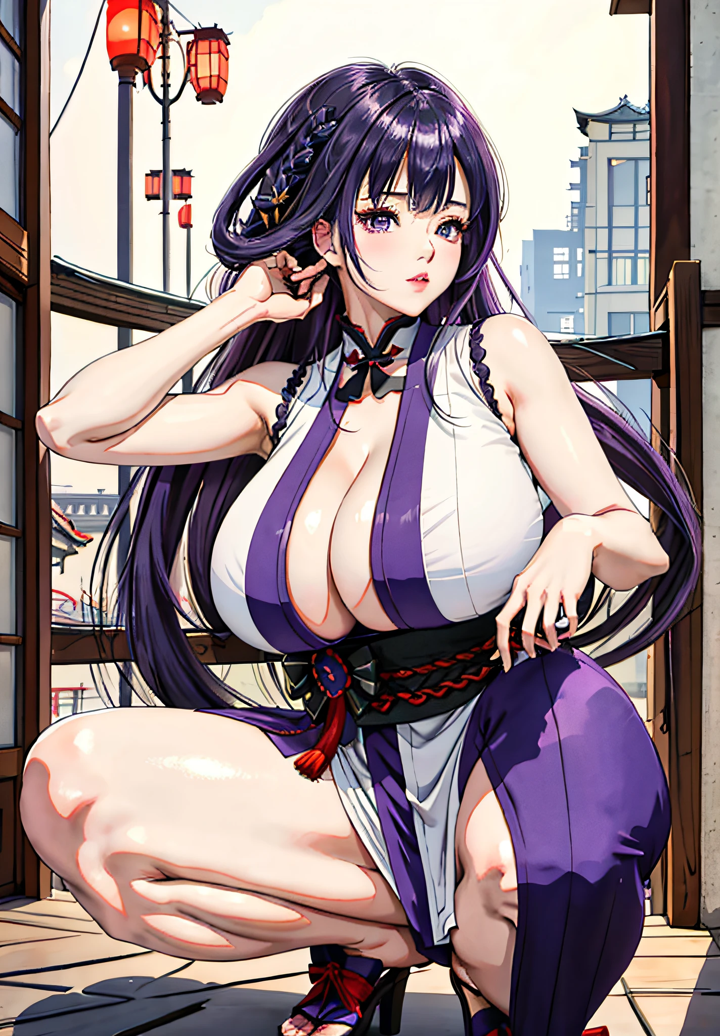 Raiden Shogun, Big Breasts, Side Chest, (Bare Legs: 1.8), Japanese Costume, Thick Thighs, Purple Hair, Long Hair, Genshin Shock, Looking at the Audience, Mihoyo, Raiden Mei \ (Thunder Ruler), , Hair Between Eyes, 1girl, Solo, (Raiden Shogun:1.4), Purple Hair, Purple Eyes, Bangs, Braids, Braided Ponytail, Breasts, Hair Accessories, Japanese Clothing, Symmetrical Eyes, (ulzzang-6500:0.7), Upper body, ( solo: 1.2), (Japan City:1.1), cleavage, (Hand on lips:1.1), (gigantic_breasts:1.3), breast sucking, thighs, squat