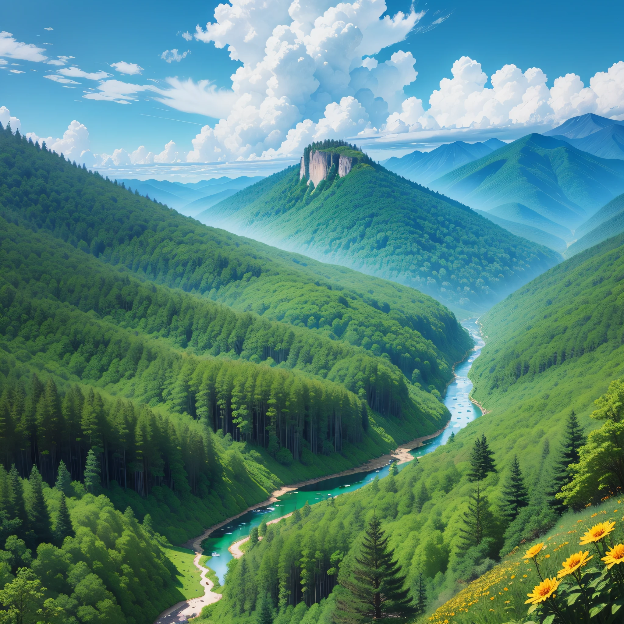 The view of the magical Wonderland forest from the top of the tallest tree feels like being in a dream. The sprawling forest is covered in deep green, with rivers and waterfalls creating shimmering streams. All the trees are beneath, and at my feet, there is a flower-filled meadow with a vibrant array of blossoms, spreading their beautiful fragrance through the gaps in the trees. In the distance, majestic mountains rise, and the sky stretches brightly in a vast blue expanse. --auto --s2