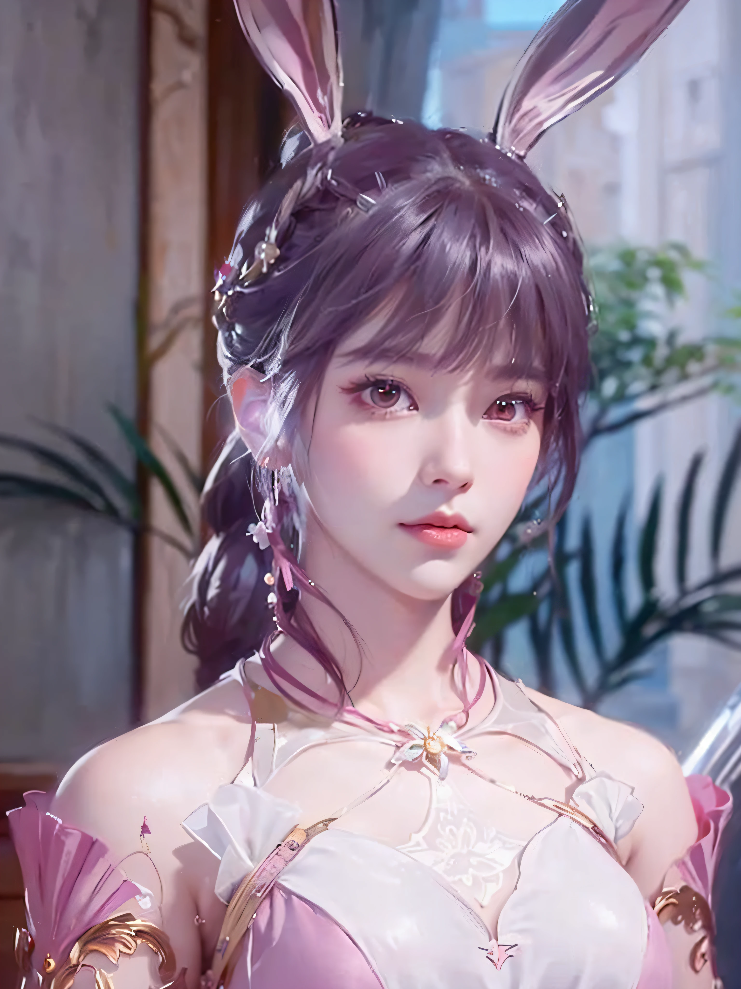 a close up of a woman in a bunny costume with a pink dress, inspired by Li Mei-shu, yun ling, guweiz, a beautiful fantasy empress, ((a beautiful fantasy empress)), smooth anime cg art, portrait knights of zodiac girl, beautiful character painting, loong, inspired by Leng Mei, zhongli from genshin impact