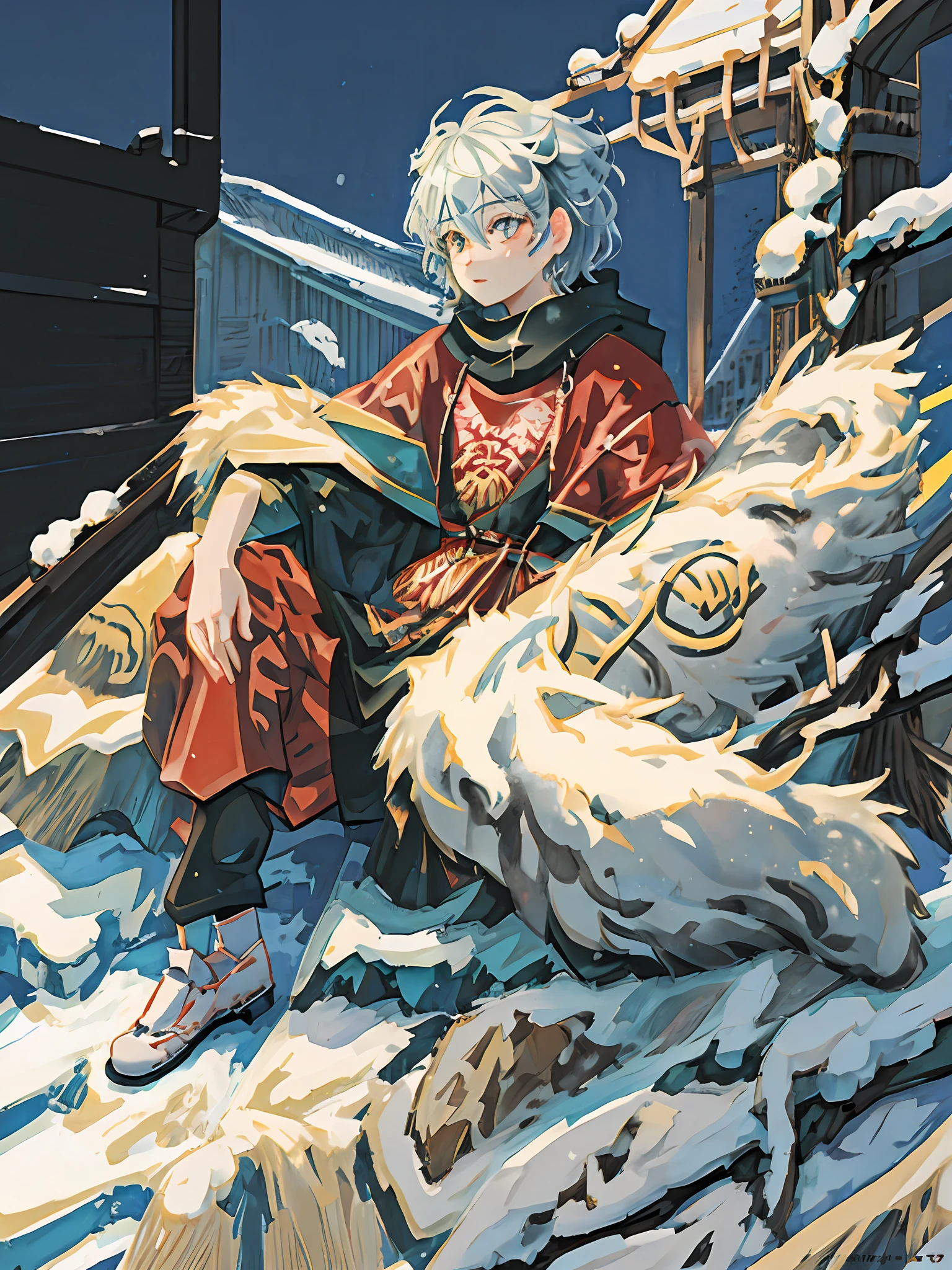 A man sitting on a snow-covered mountain with snow leopard,((snow leopard)), winter concept art, 4k manga wallpaper, trend in artStation Pixiv, anime style 4 k,, guvez style artwork, anime art wallpaper 4k, red ethnic style costume, bronzed skin, (brunet), lion