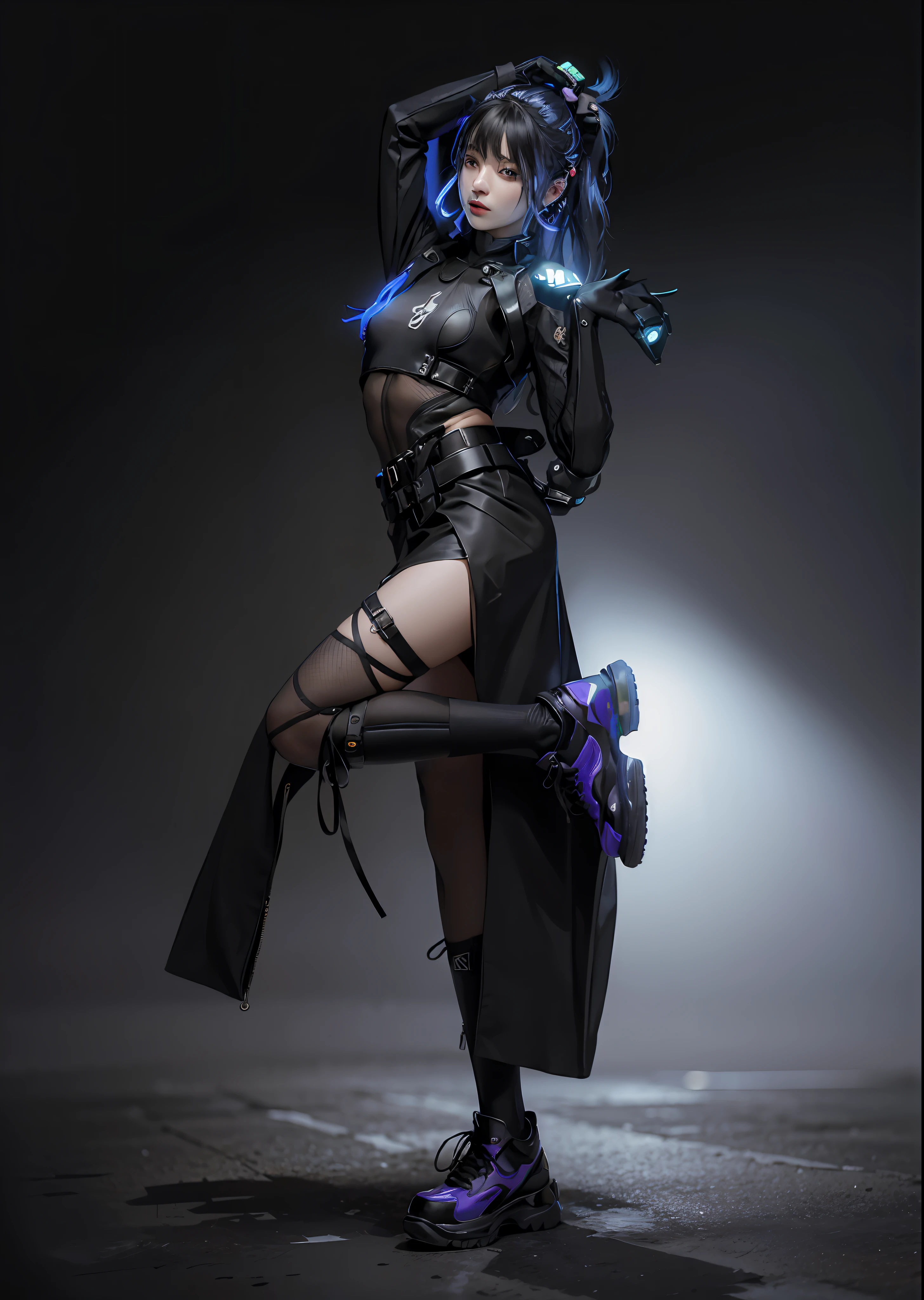 araffe in a skirt and boots posing for a picture, cyberpunk style outfit, photograph of a techwear woman, wearing techwear and armor, cyberpunk outfit, dystopian scifi outfit, wearing japanese techwear, cyberpunk fashion clothing, full body xianxia, full body with costume, outfit design, cyberpunk outfits, fantasy outfit, muted cyberpunk style, cyberpunk clothes