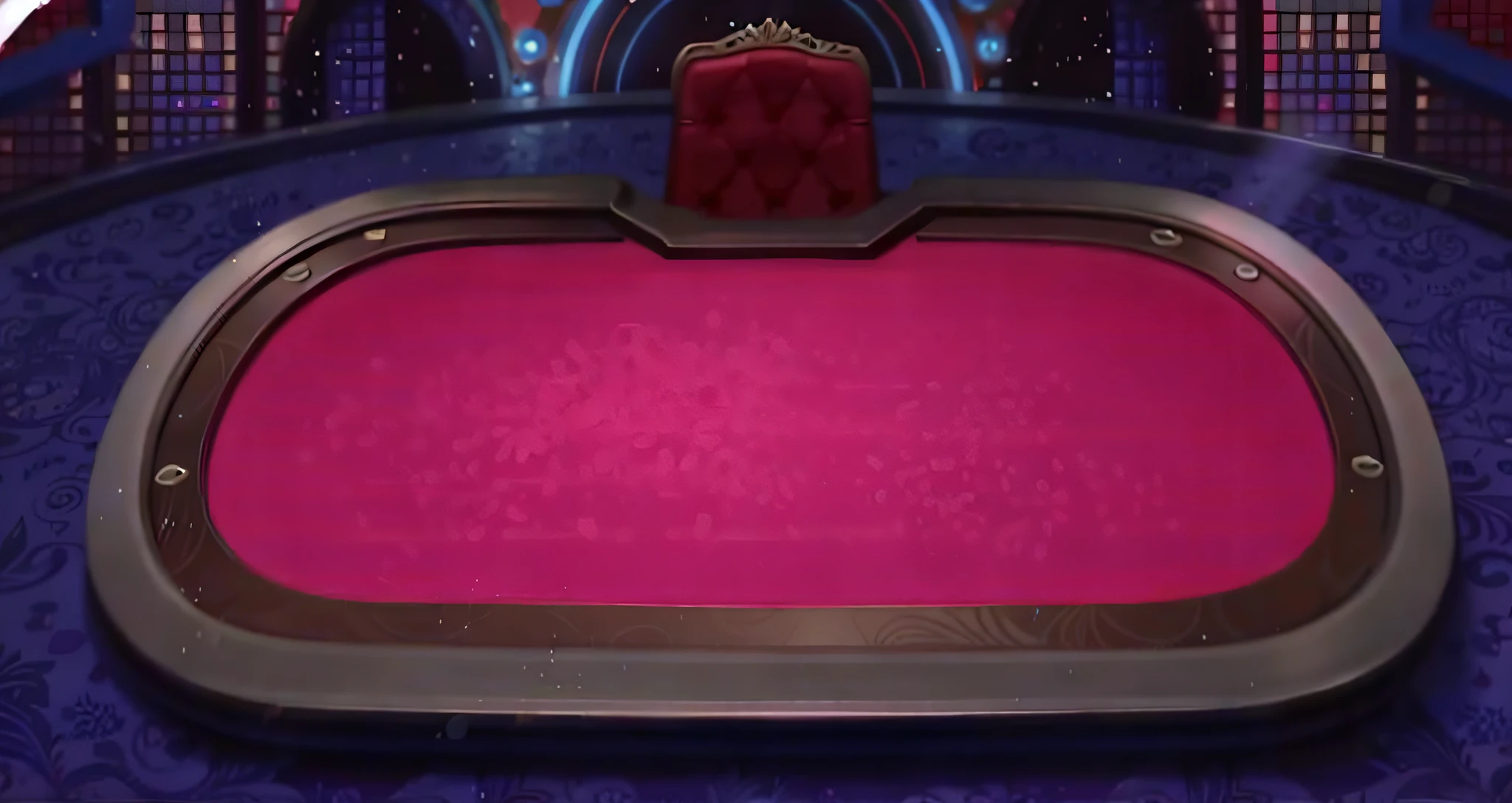 A blue poker table with a red chair in the middle, random background scene, back room background, fuschia skin, table game board, arena background, background art deco palace, background art, futuristic casino