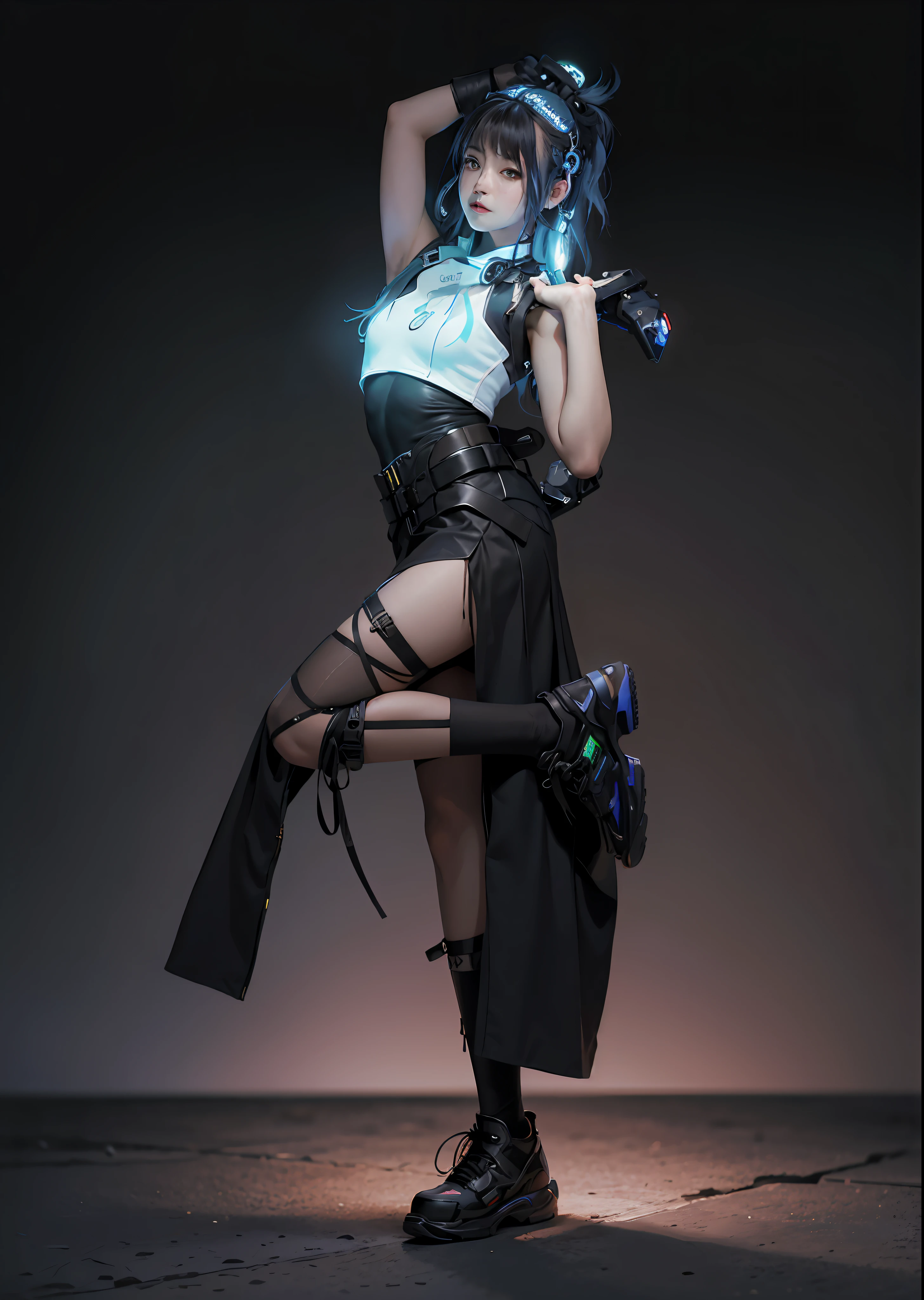 araffe in a skirt and boots posing for a picture, cyberpunk style outfit, photograph of a techwear woman, wearing techwear and armor, cyberpunk outfit, dystopian scifi outfit, wearing japanese techwear, cyberpunk fashion clothing, full body xianxia, full body with costume, outfit design, cyberpunk outfits, fantasy outfit, muted cyberpunk style, cyberpunk clothes