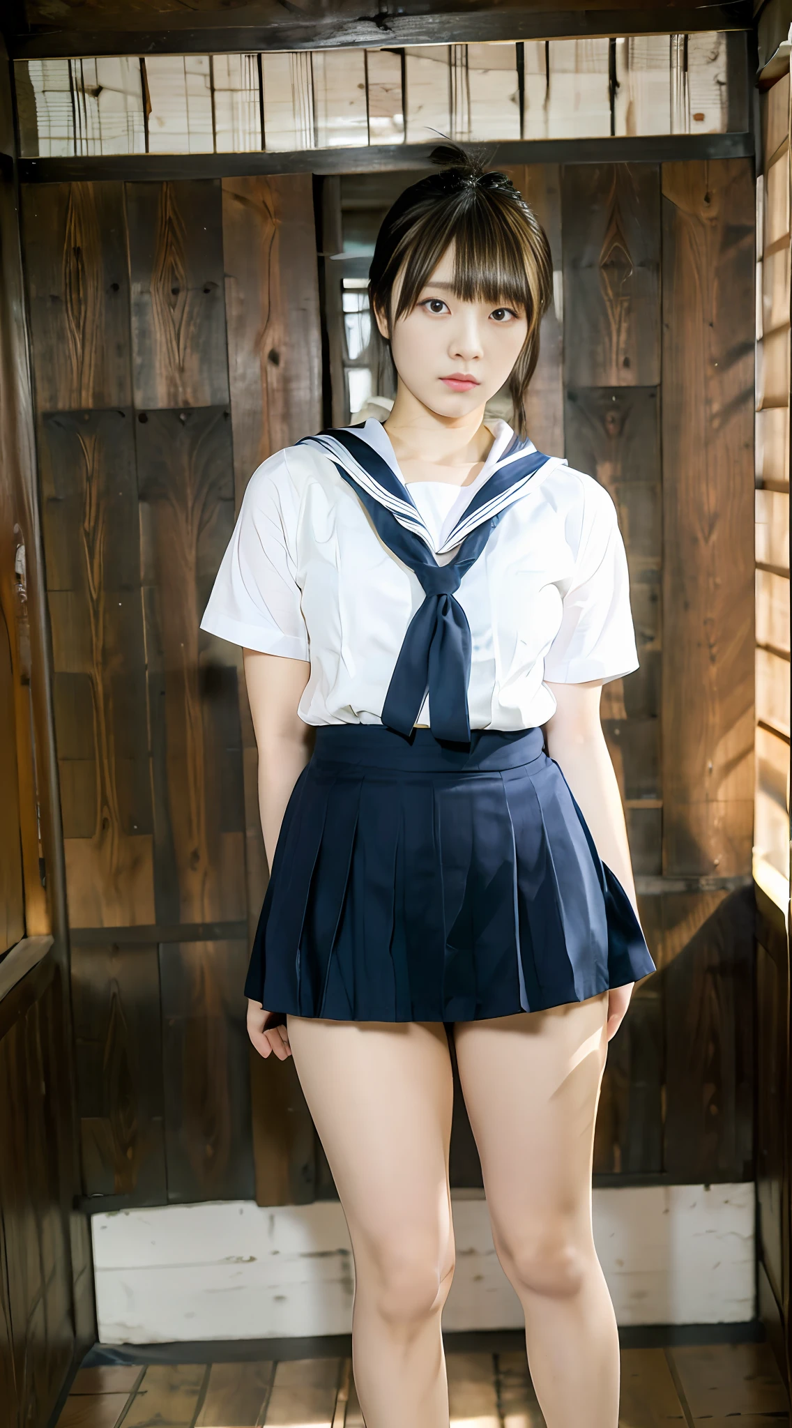 ((Best Quality, 8k, Masterpiece: 1.3)), Japan old house, schoolgirl, full body shot (uniform, bare feet, muscular, thighs, legs), super delicate face, delicate and big eyes, double eyelids, fair skin, short-cut hair, moody, sweaty