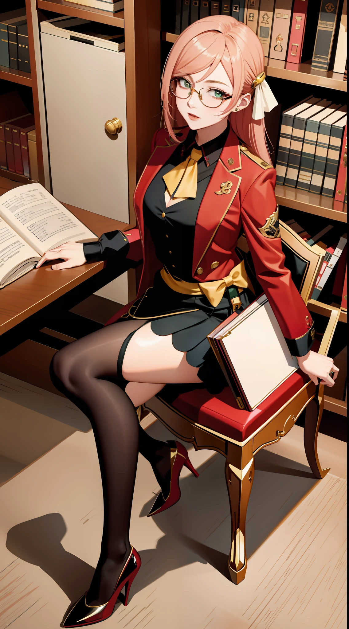 Masterpiece, Best quality, Rich details , video game Genshin Shock, Genshin Impact Style, 1 Girl, (Seductive), Sexy Expression, (Adult Female), 30 years old, Smoky, Full body, Full body, Lawyer, Red suit, Black shirt, yellow tie, tight short skirt, gold wire-rimmed glasses, (Black stockings), Red high heels, sitting on a chair, book, holding, full body, in the office