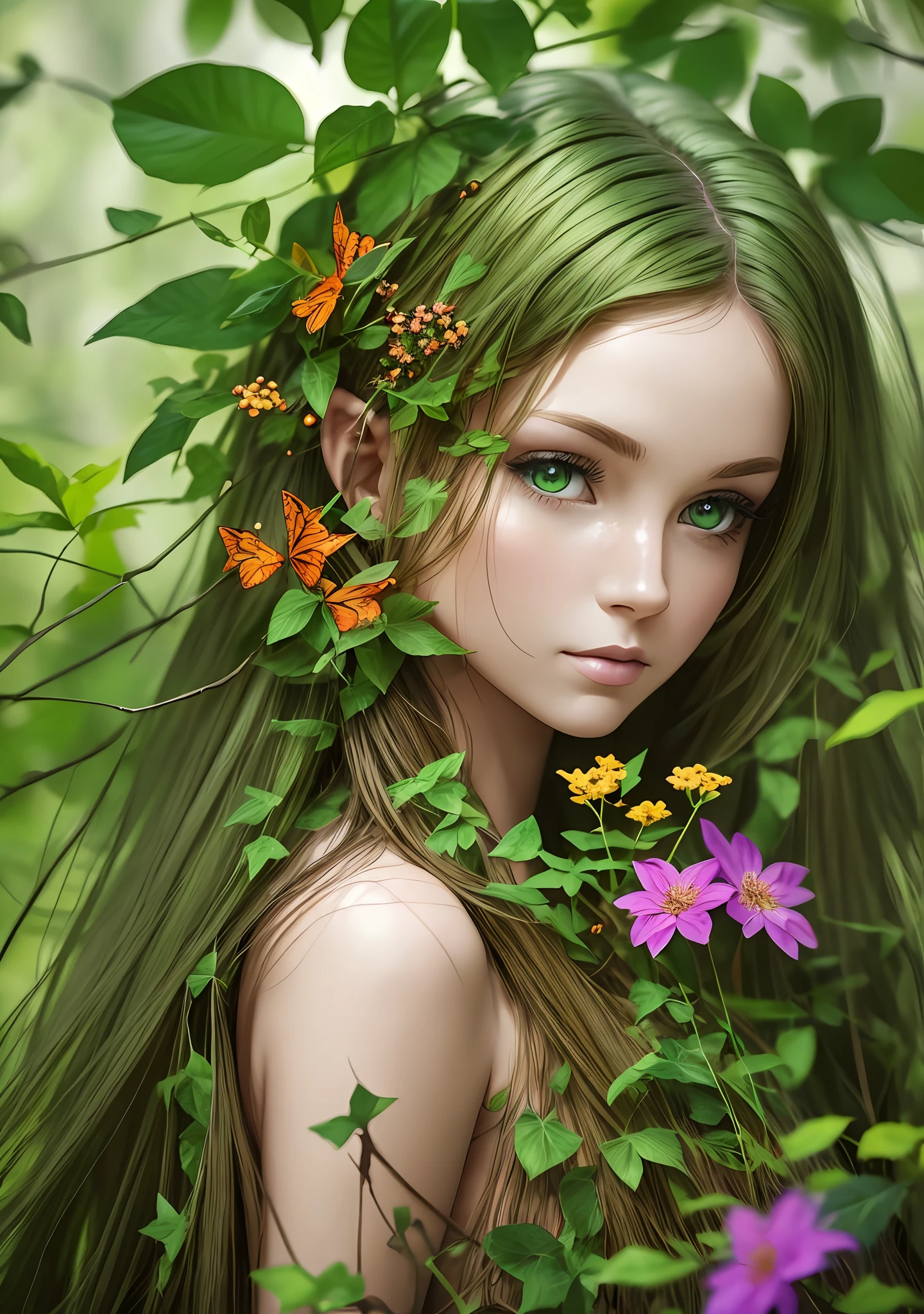 Graphic image of a beautiful dryad girl, flowers are woven into beautiful hair, expressive eyes, images of poison ivy leaves and flowers on the face, drawings of poison ivy leaves and colorful flowers on the whole body, a full-length figure, light green skin of a girl, a model pose, a dense forest thicket in the background, high detail, hyperrealism, high quality, clear focus, SLR camera, CGI. --auto --s2