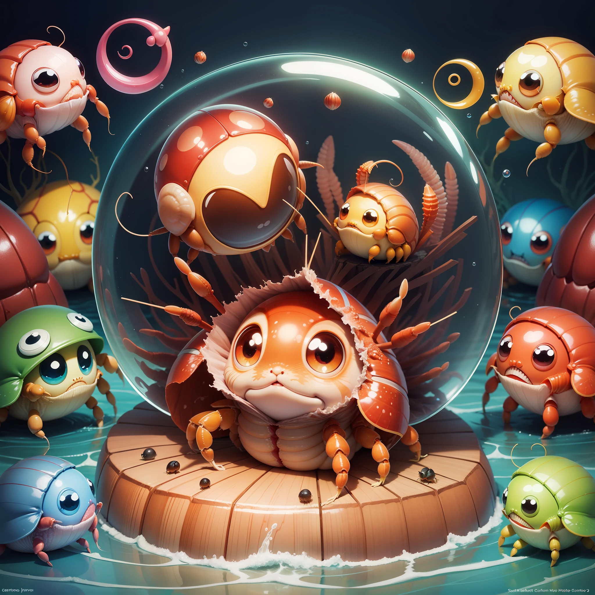 Hermit crab, cute, cartoon, big eyes, round, bright colors, cute expressions, cute shapes, claws, carapaces, sea creatures --auto --s2