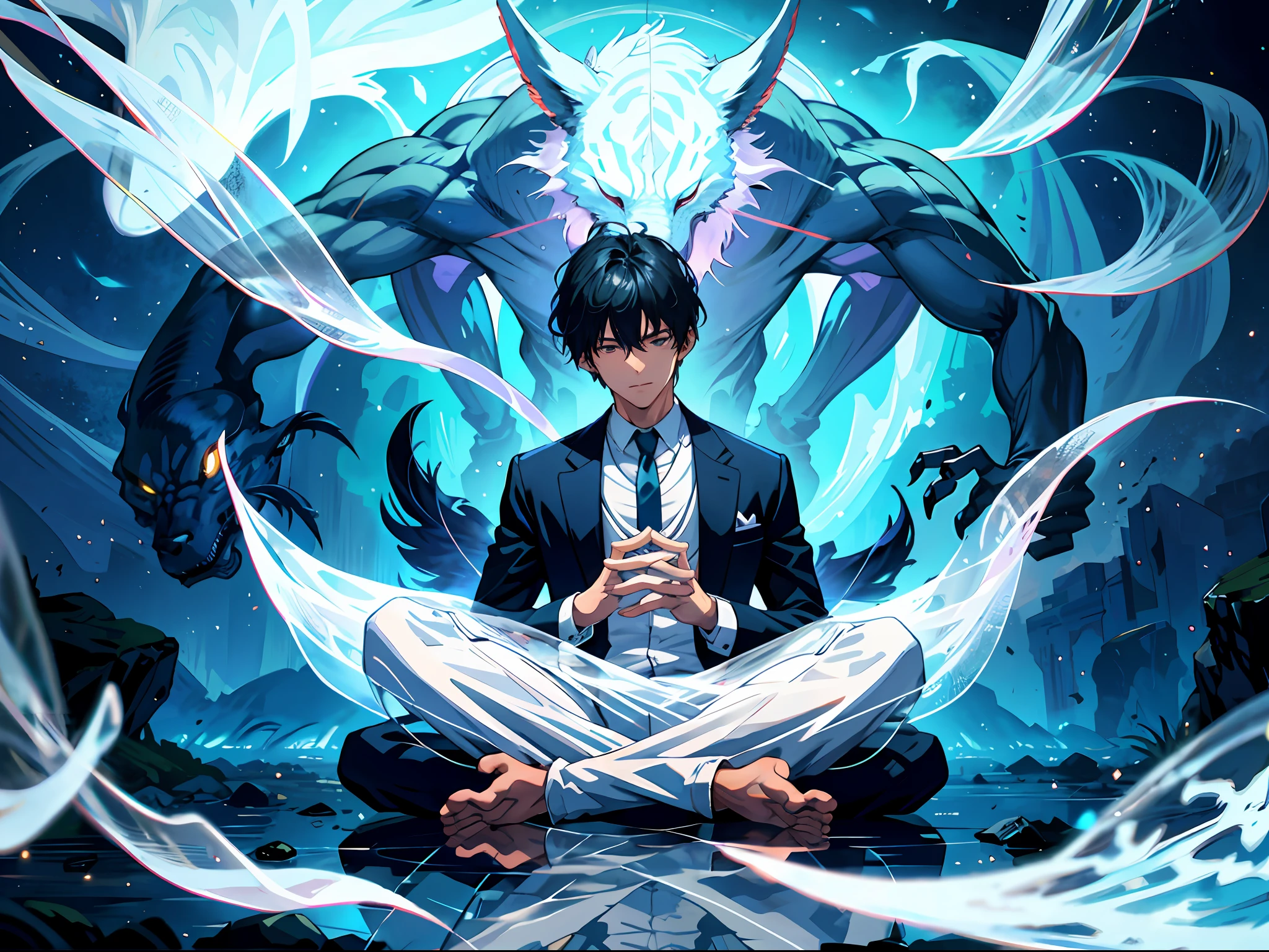 HD clear, best images, illustration quality, super detailed, a handsome teenager sitting cross-legged on the ground meditating with many translucent beast ghosts behind him