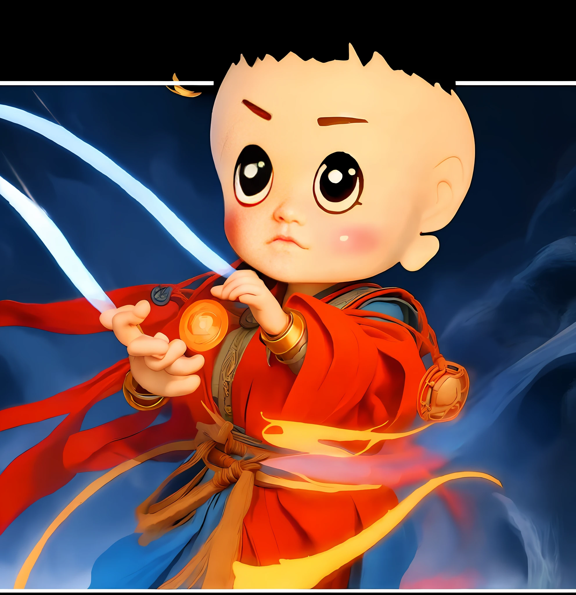 Close-up of a cartoon character wearing a red belly pocket, big head, big head, Akira in Chinese mythology, Nezha, high-grade light and shadow, skin color consistency, cupola braid on the head, cupola braid on the head, master work, super clear quality, normal head face, details, normal hands, mixed sky aya. Fire tip gun, qiankun circle, the same big ears, the same big ears, normal ears, facial details, expressions naturally looking forward, the scene is grand, the waves are monstrous