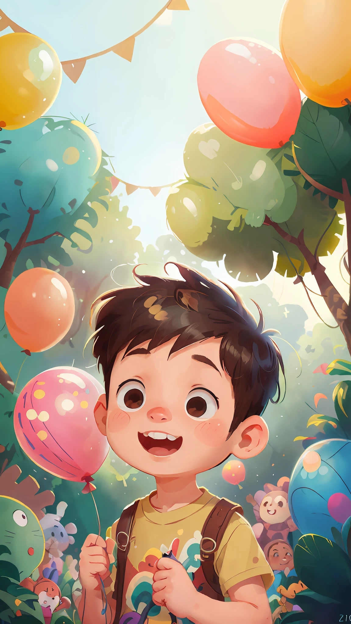 A boy, zoo, many balloons, happy, happy, perfect quality, clear focus (clutter - home: 0.8), (masterpiece: 1.2) (realistic: 1.2) (bokeh) (best quality) (detailed skin: 1.3) (intricate details) (8K) (detail eyes) (sharp focus), (happy)