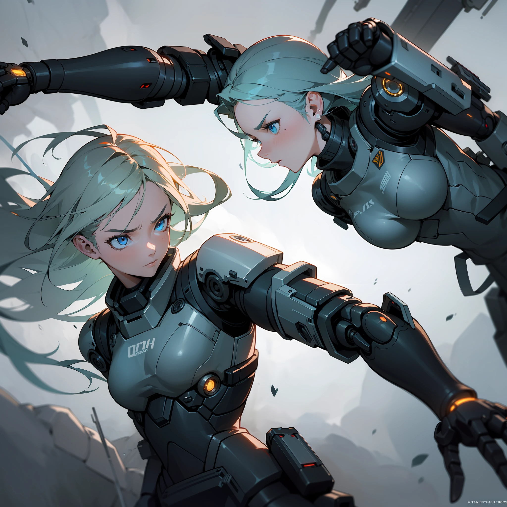 (masterpiece), best quality, ultra-detailed, skillful fighting pose, dynamic angle, (1girl), cybernetic prosthesis,(robotic arm,mechanical arm:1.2), perfect 5 fingers, futuristic battle suit, determined expression, intense lights, rugged terrain, VFX sparks, smoke, dark tones, high contrast.